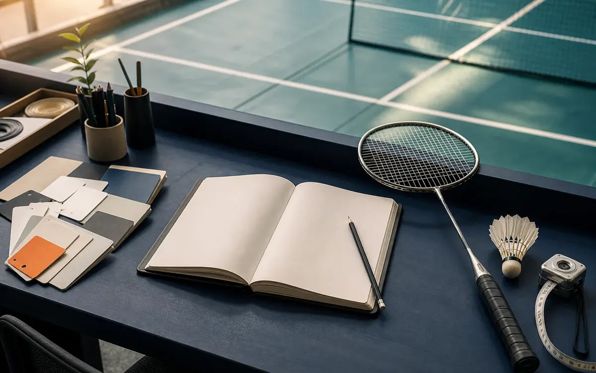 Badminton research notebook and equipment beside a court
