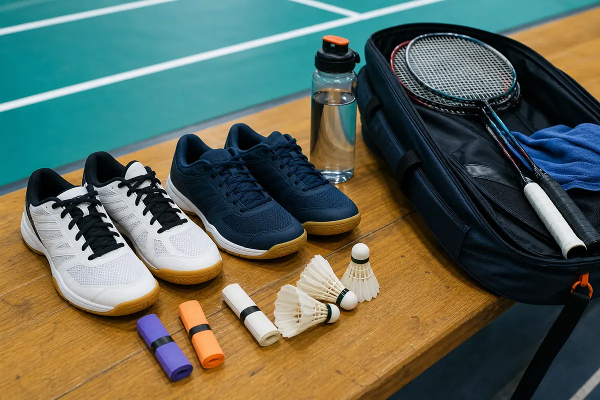 Court shoes, rackets, shuttlecocks, grips, and a badminton bag
