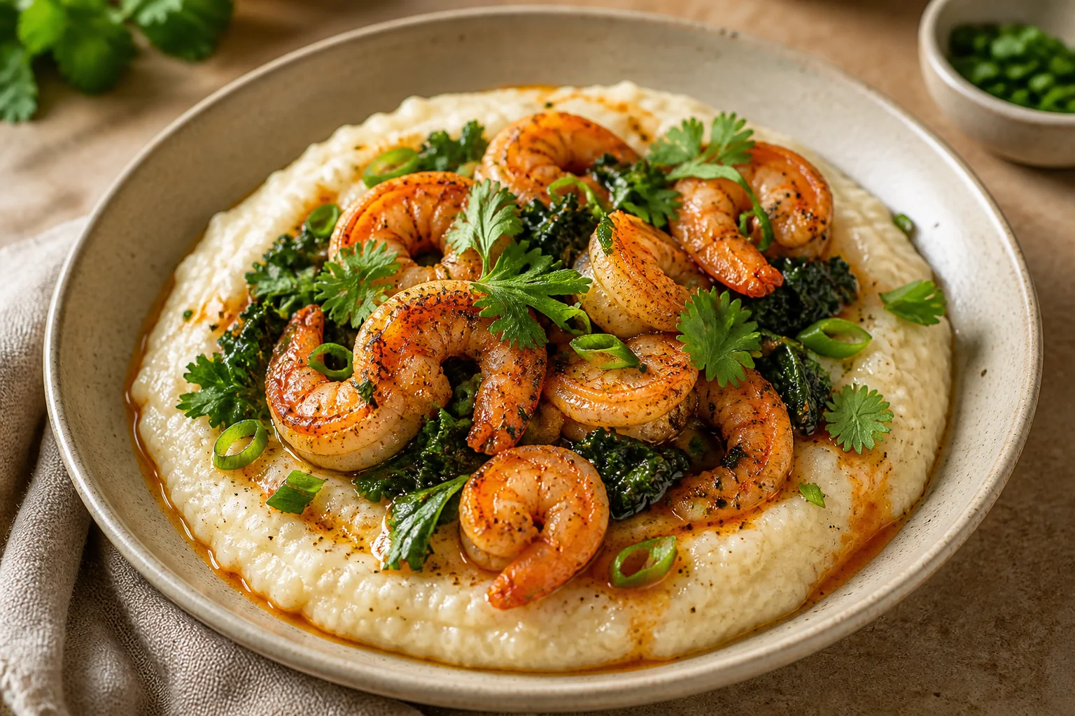 Shrimp and Grits with Kale and Cilantro