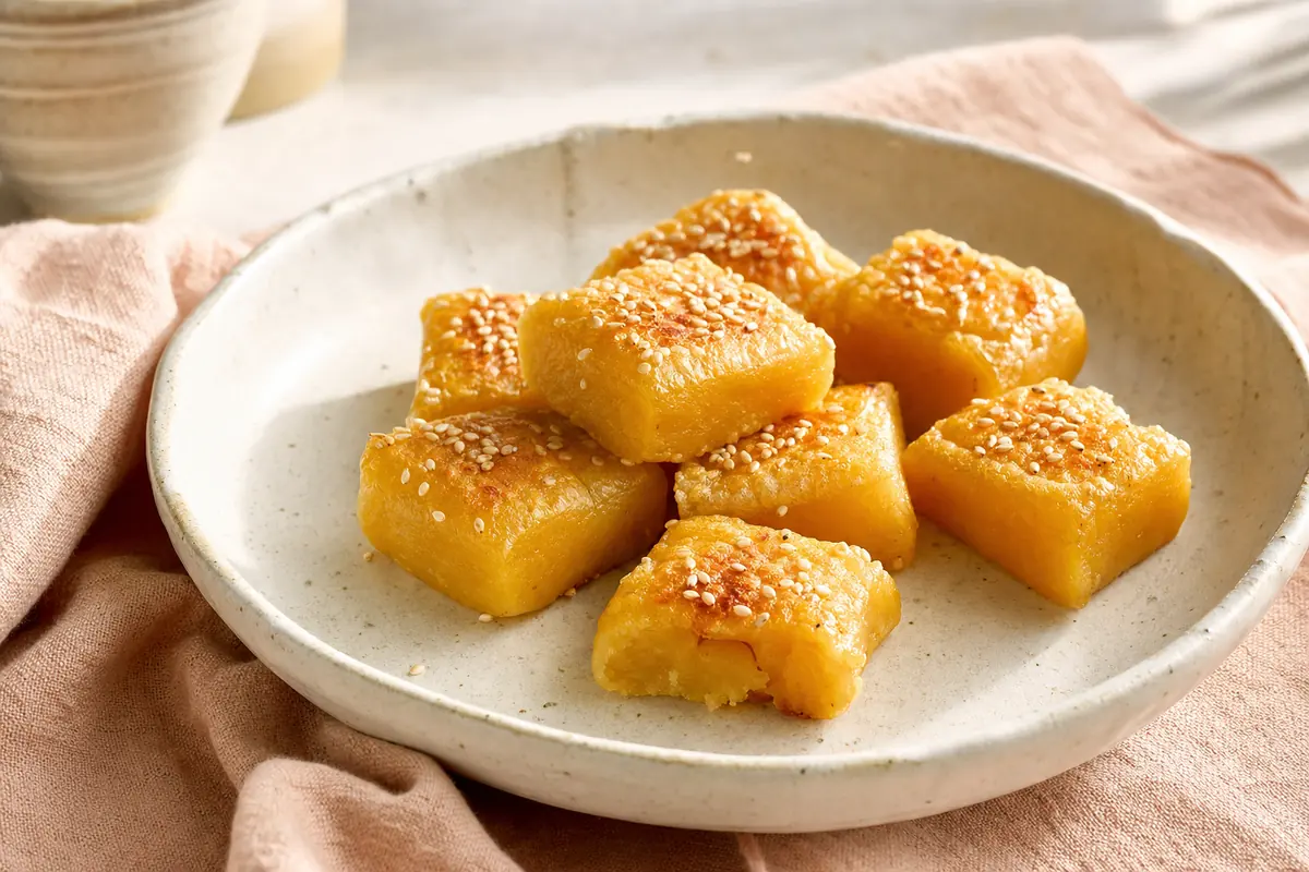 Golden baked sweet potato mochi with a soft chewy center