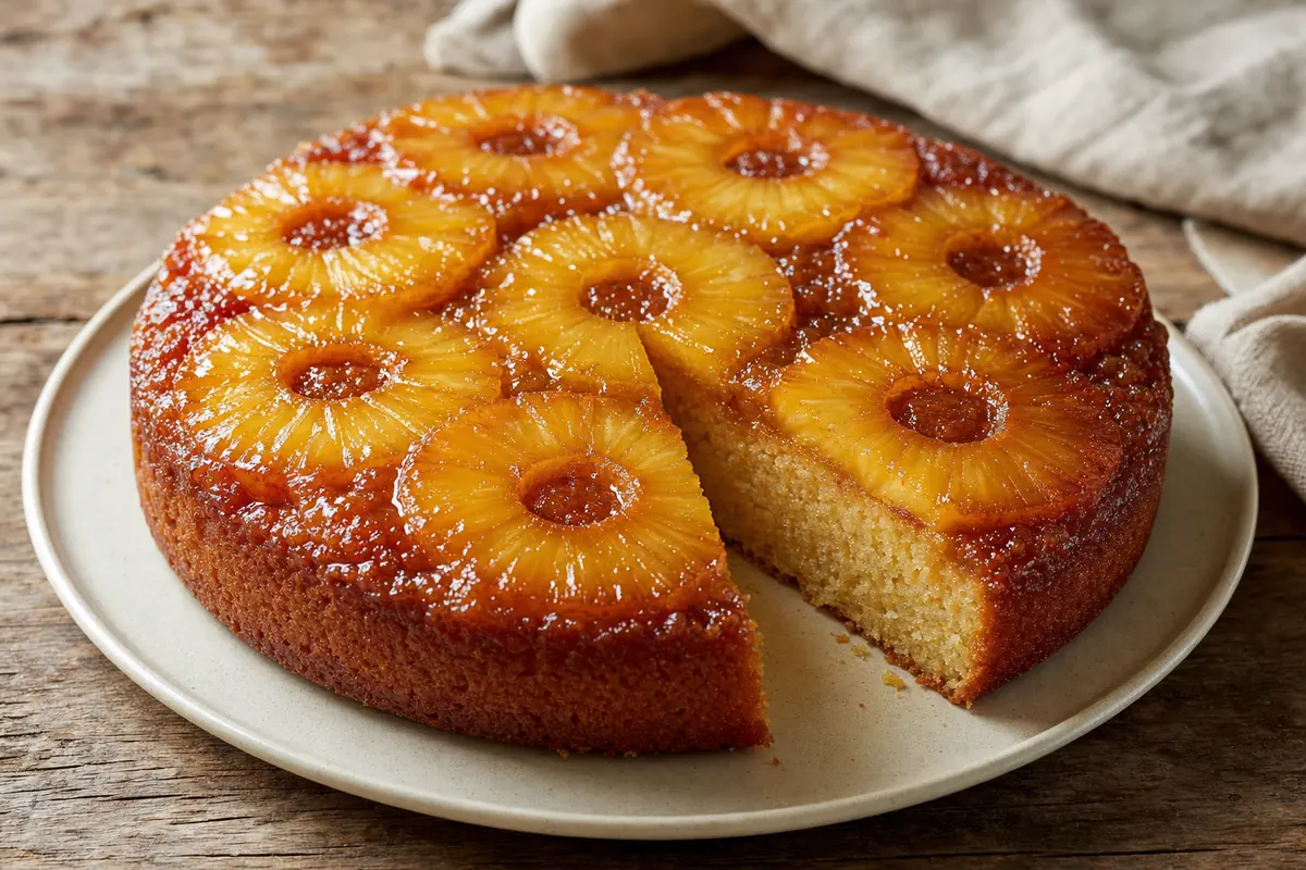Brown-Butter Pineapple Upside-Down Cake finished and ready to serve