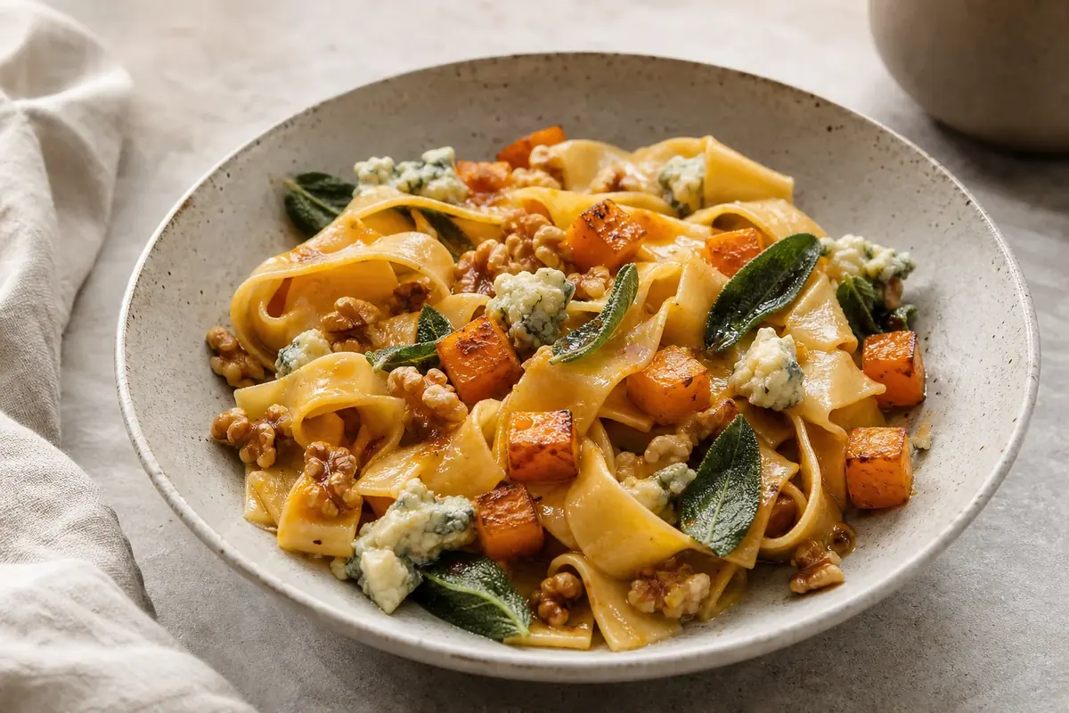 Roasted butternut squash pasta with toasted walnuts, tangy Gorgonzola, sage, and a glossy cider pan sauce.