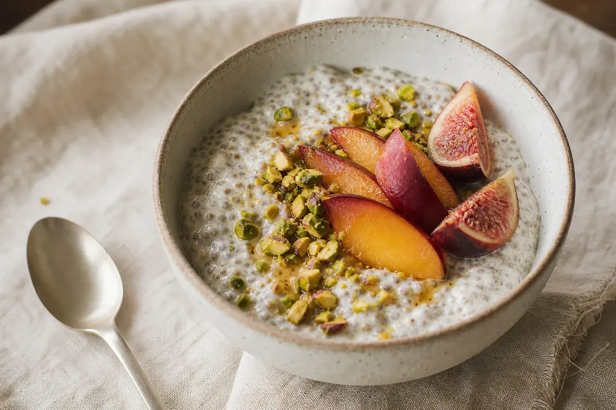 Creamy make-ahead chia pudding with cardamom, honey, vanilla, toasted pistachios, and fresh seasonal fruit.