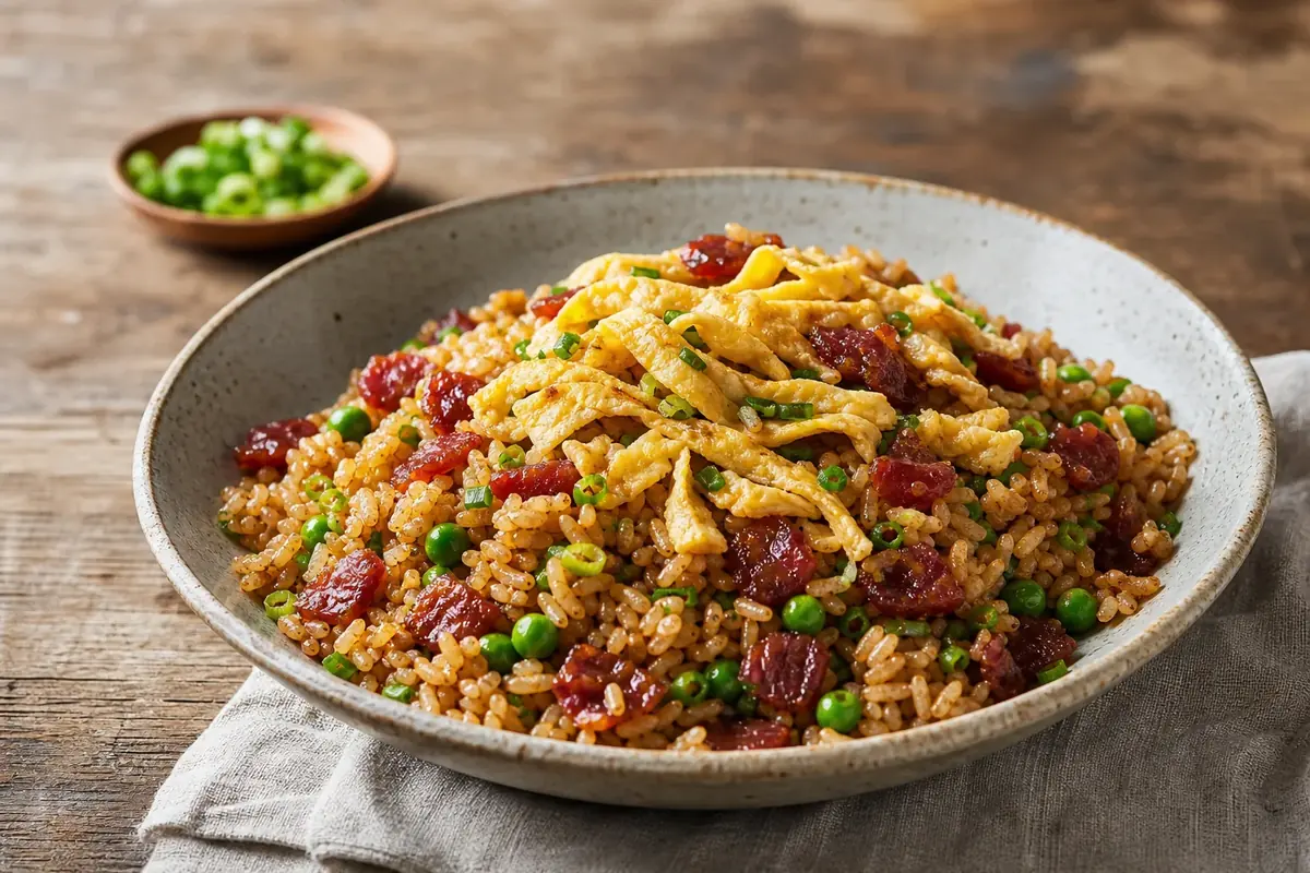 Wok-charred fried rice with sweet-savory lap cheong, peas, scallions, and ribbons of thin omelet.