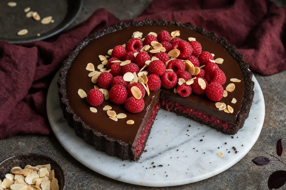 Chocolate raspberry almond tart with a crisp cocoa crust and glossy ganache
