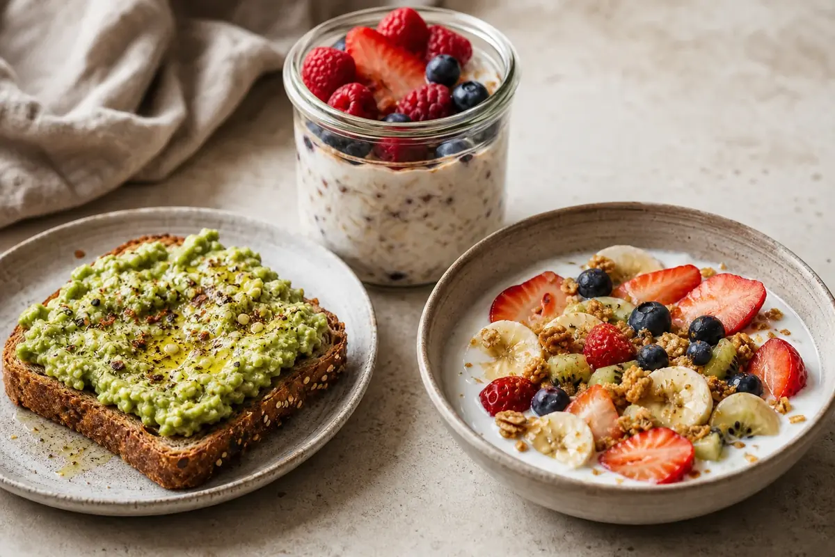 Three practical breakfast formulas: berry overnight oats, savory avocado toast, and a yogurt-fruit crunch bowl.