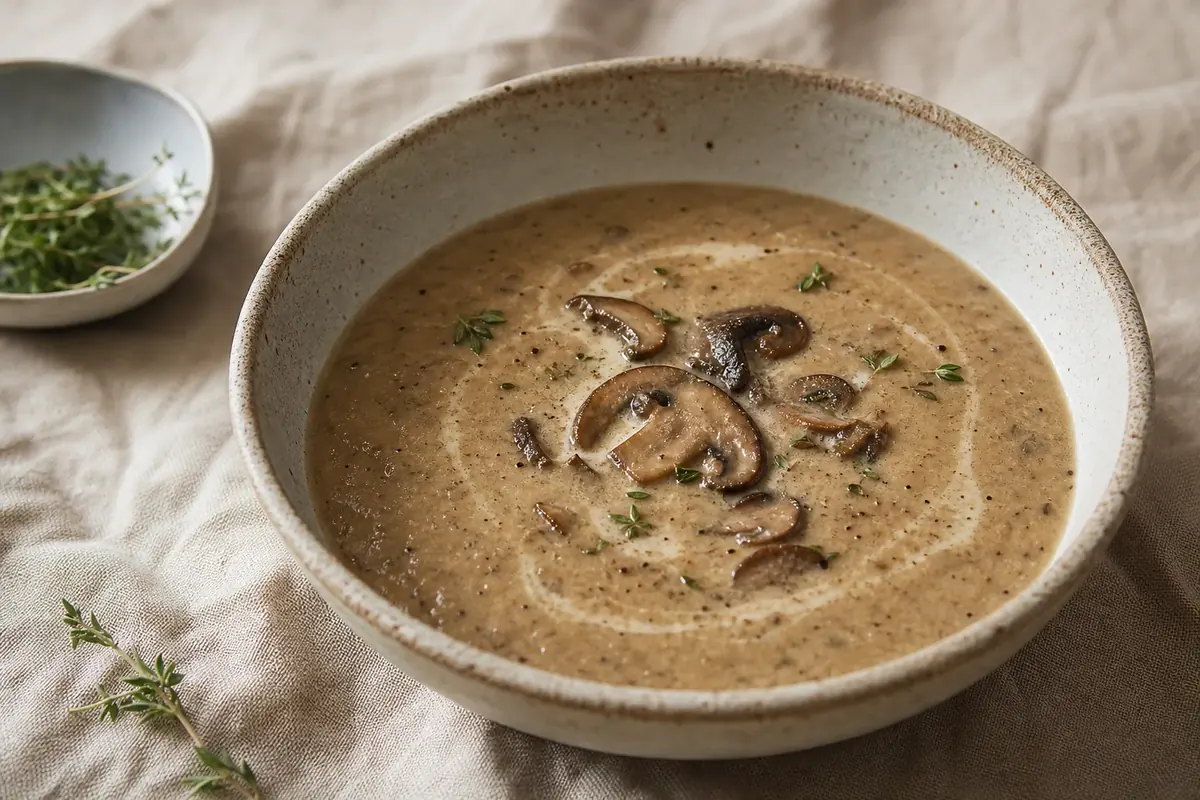 Deeply savory mushroom soup with thyme, garlic, sherry, and a modest splash of cream for a silky finish.