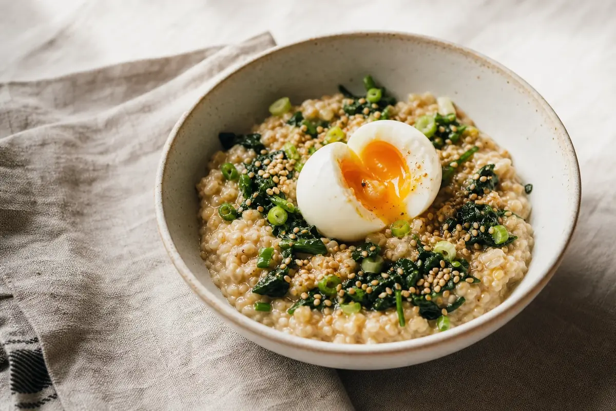 Creamy savory oats with toasted sesame, ginger, scallions, greens, and a jammy soft-cooked egg.