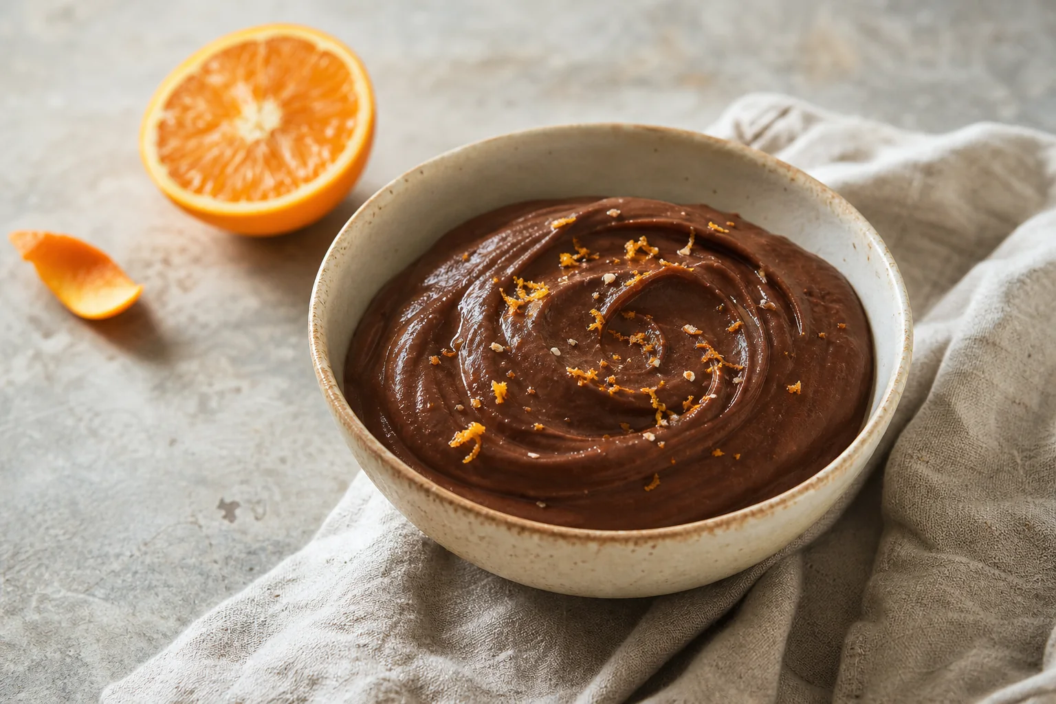 Silky dairy-free chocolate avocado pudding balanced with cocoa, maple, citrus, and a restrained touch of orange blossom.