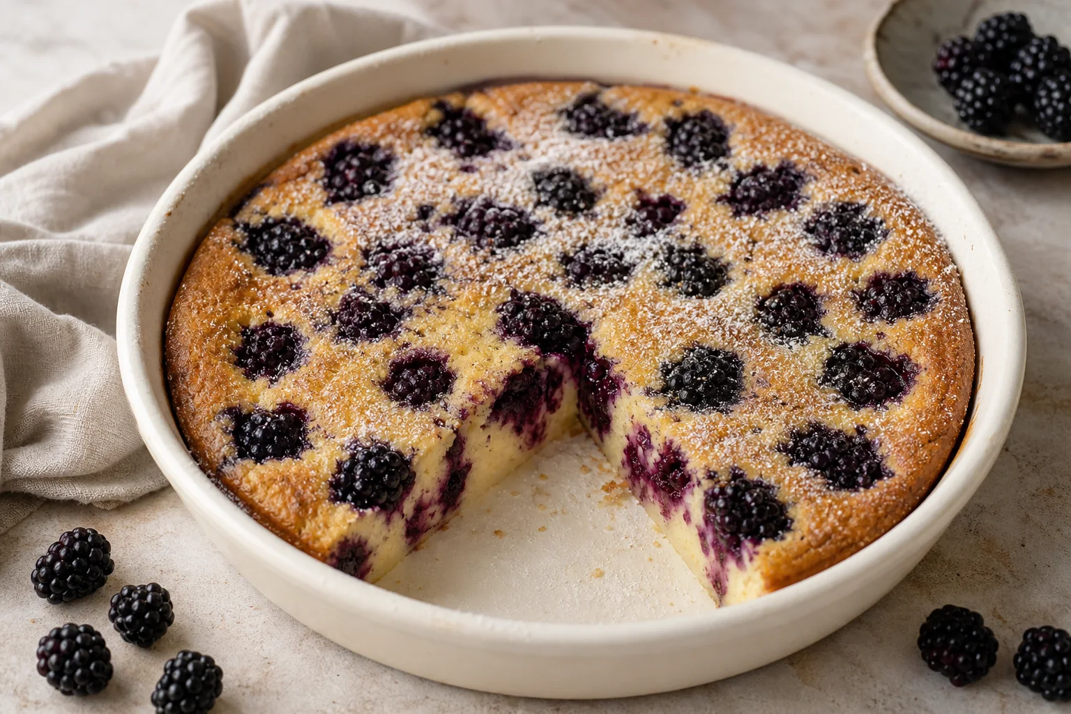 Golden blackberry cardamom clafoutis dusted with powdered sugar