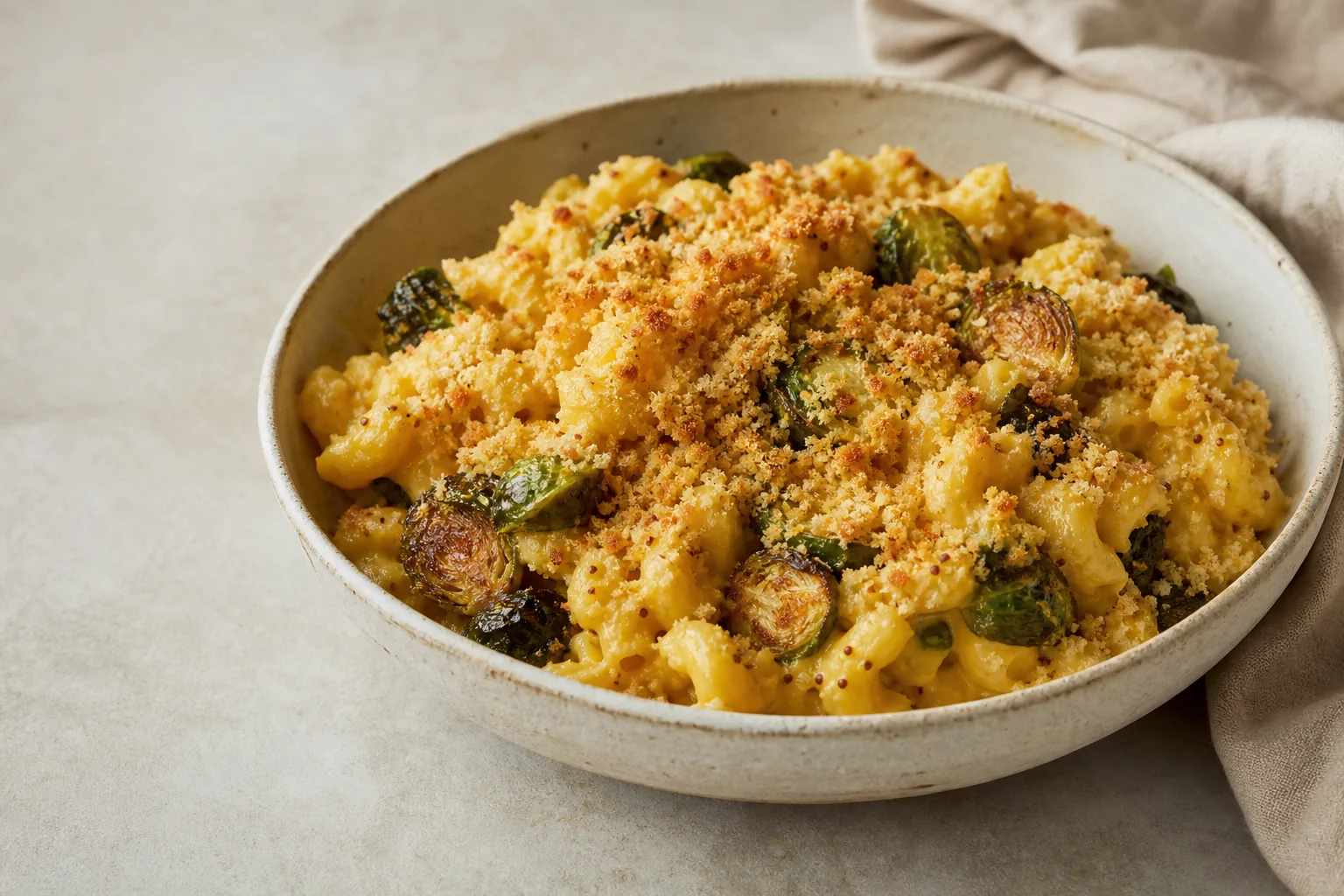Creamy sharp-cheddar mac and cheese with deeply browned Brussels sprouts and a crisp mustard-panko topping.