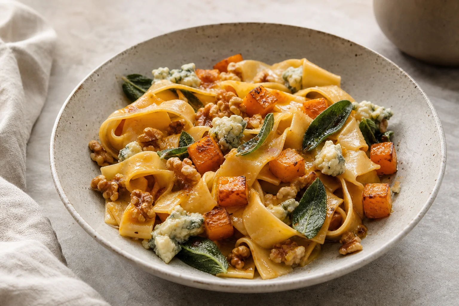 Roasted butternut squash pasta with toasted walnuts, tangy Gorgonzola, sage, and a glossy cider pan sauce.