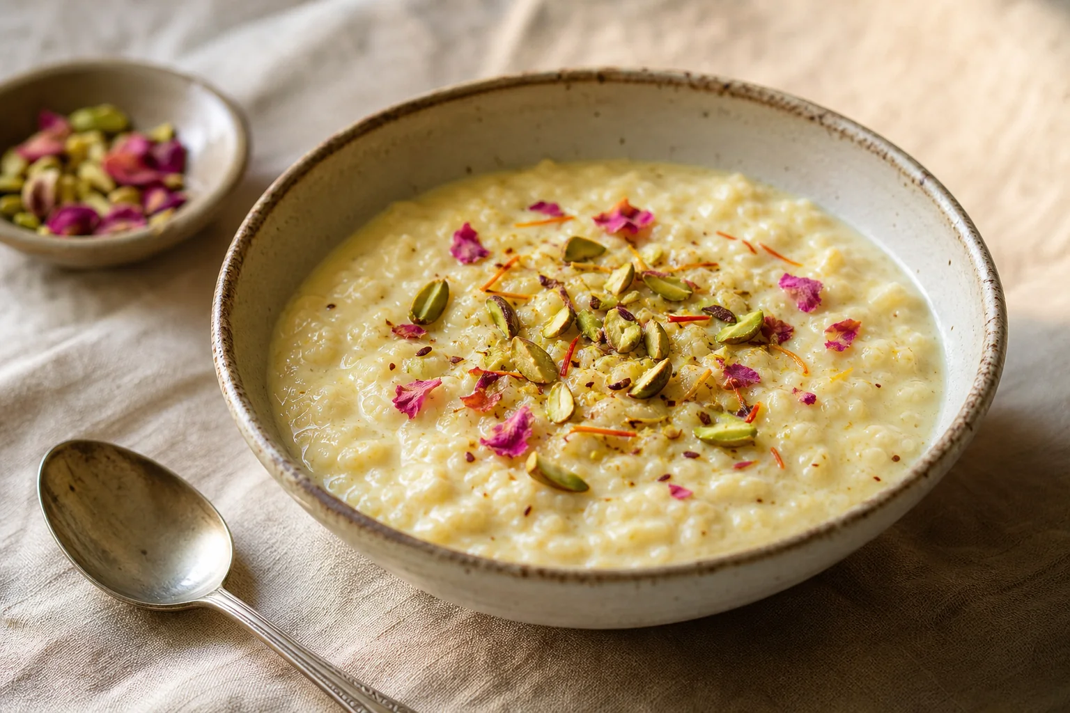 Quick creamy rice kheer scented with cardamom, saffron, pistachios, and rose, delicious warm or chilled.