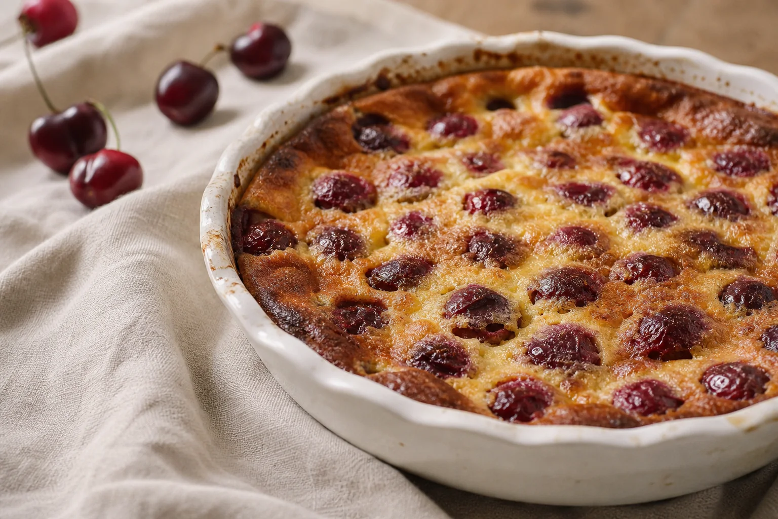 A softly set French cherry clafoutis with vanilla, almond, and caramelized edges, mixed in minutes.