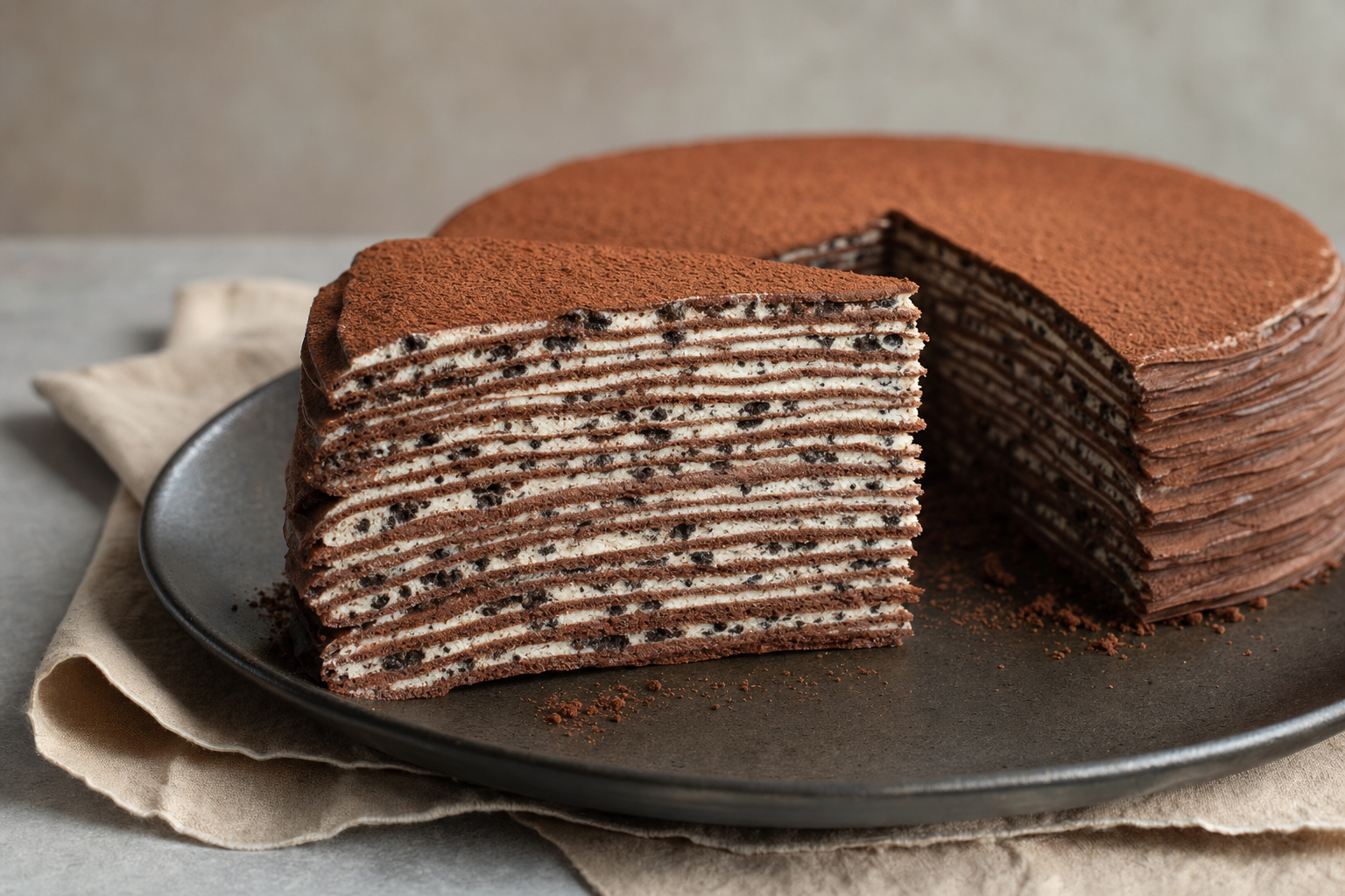 Chocolate Cookie Crepe Cake finished and ready to serve
