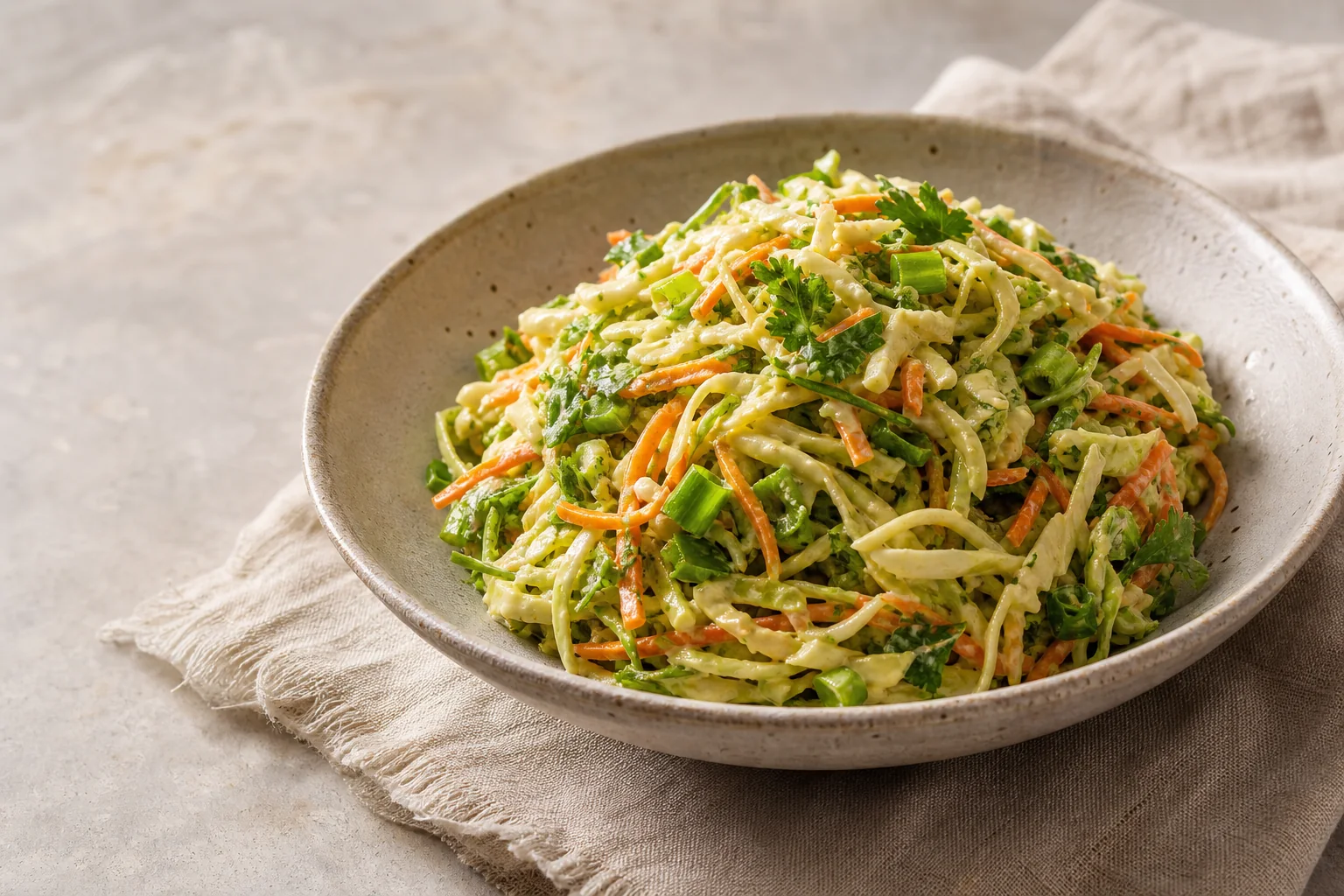 Crisp cabbage, carrots, herbs, and scallions tossed with a creamy avocado, lime, ginger, and soy dressing.