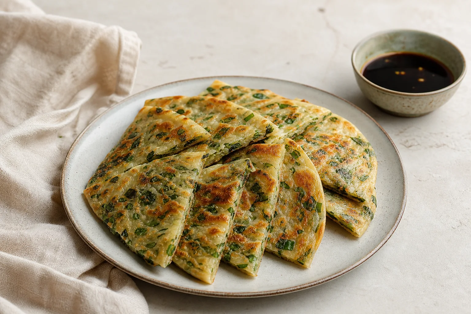 Flaky layered scallion-and-chive pancakes with crisp edges, chewy centers, and a tangy soy dipping sauce.