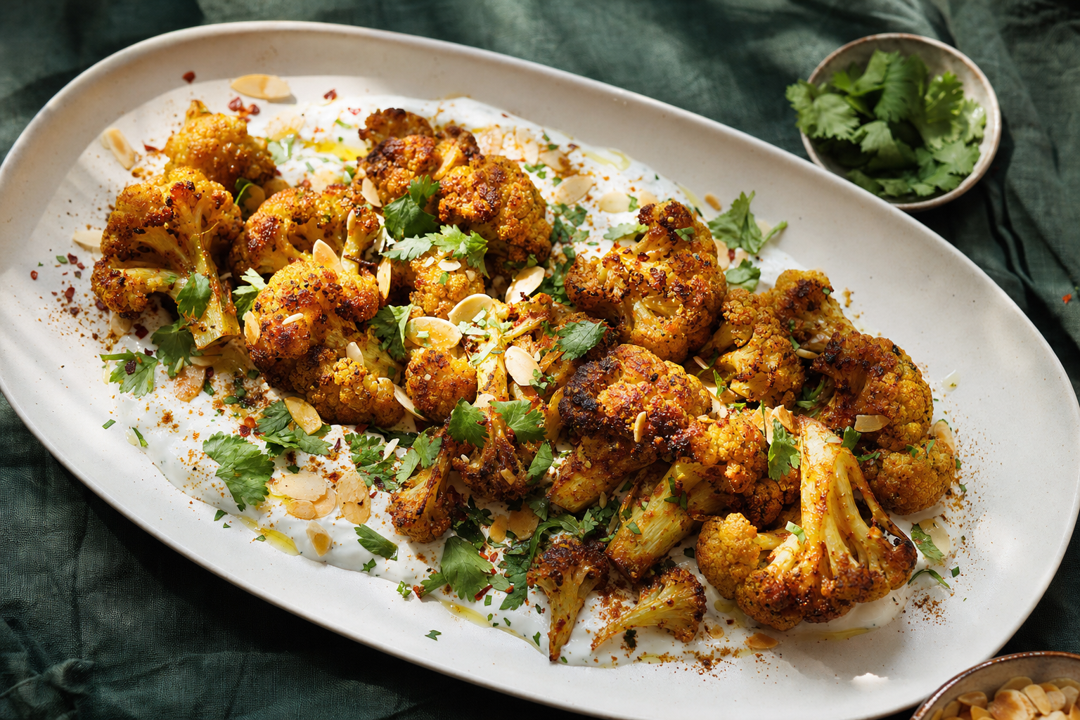 Curry-roasted cauliflower served with lemon yogurt, herbs, and toasted almonds