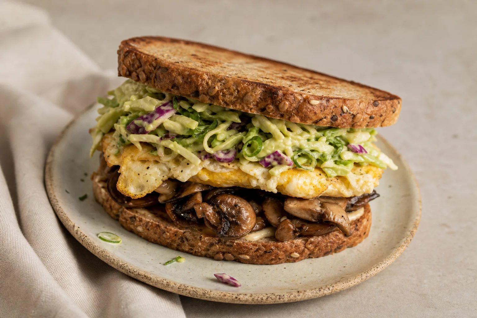 A hearty mushroom-and-egg sandwich layered with bright avocado cabbage slaw on toasted whole-grain bread.