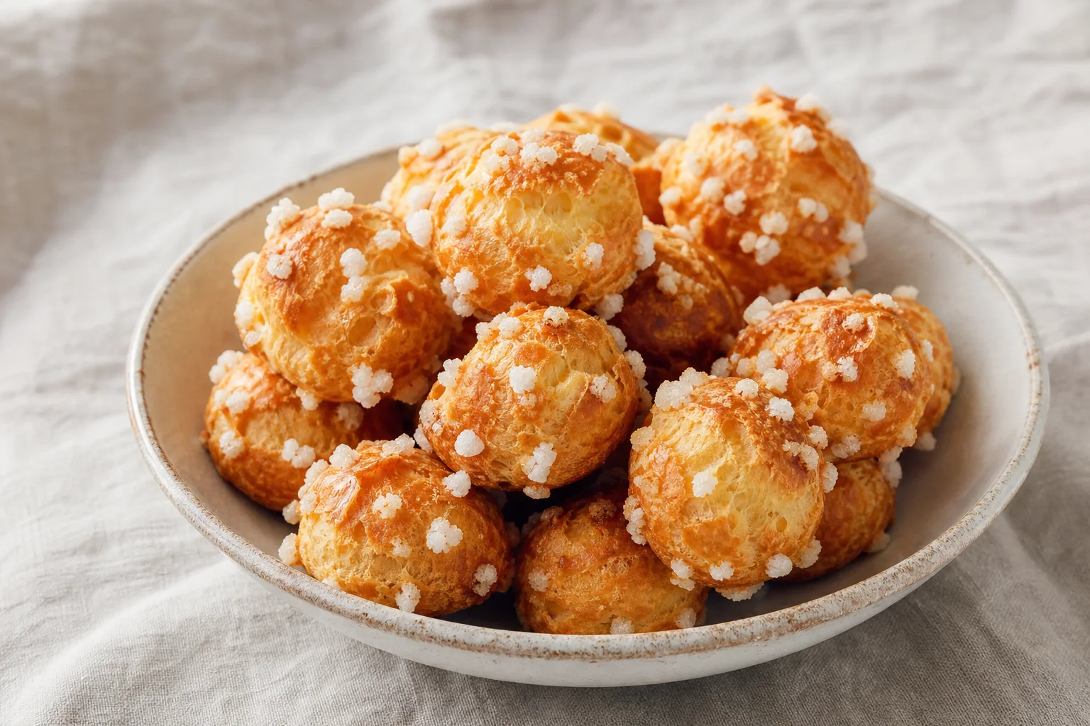 Airy French choux pastry puffs covered in crunchy pearl sugar, with clear cues for a hollow, crisp bake.