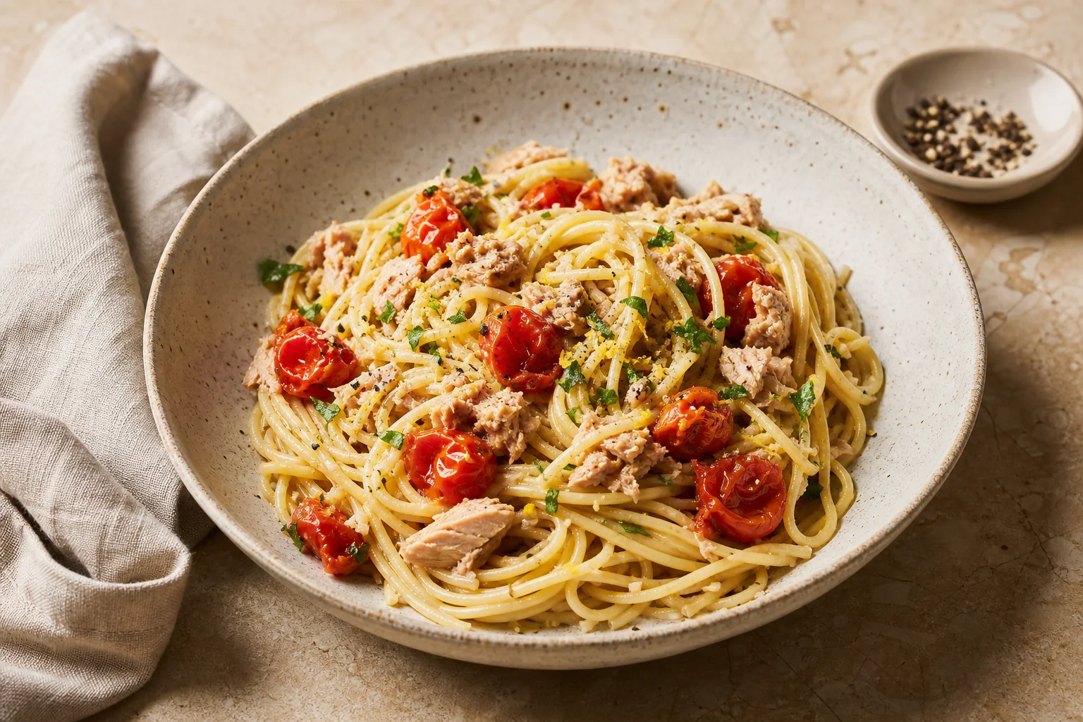 Tuna and tomato pasta with garlic, lemon, and parsley