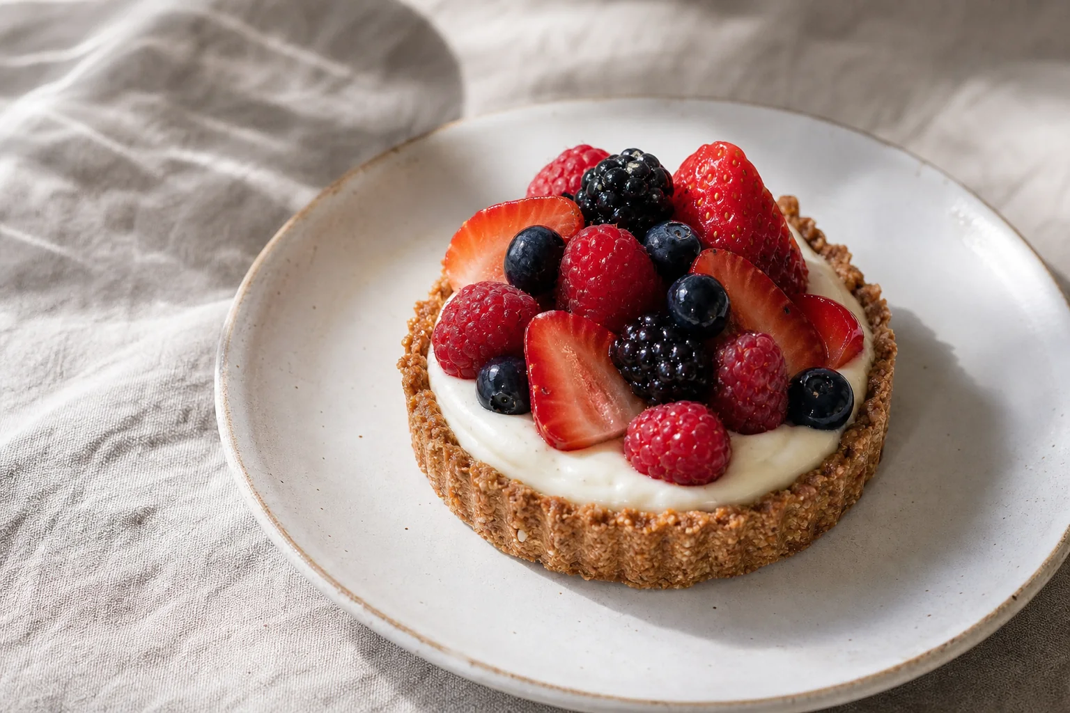 Individual gluten-free berry tarts with crisp almond-oat shells, vanilla mascarpone filling, and glossy fresh berries.