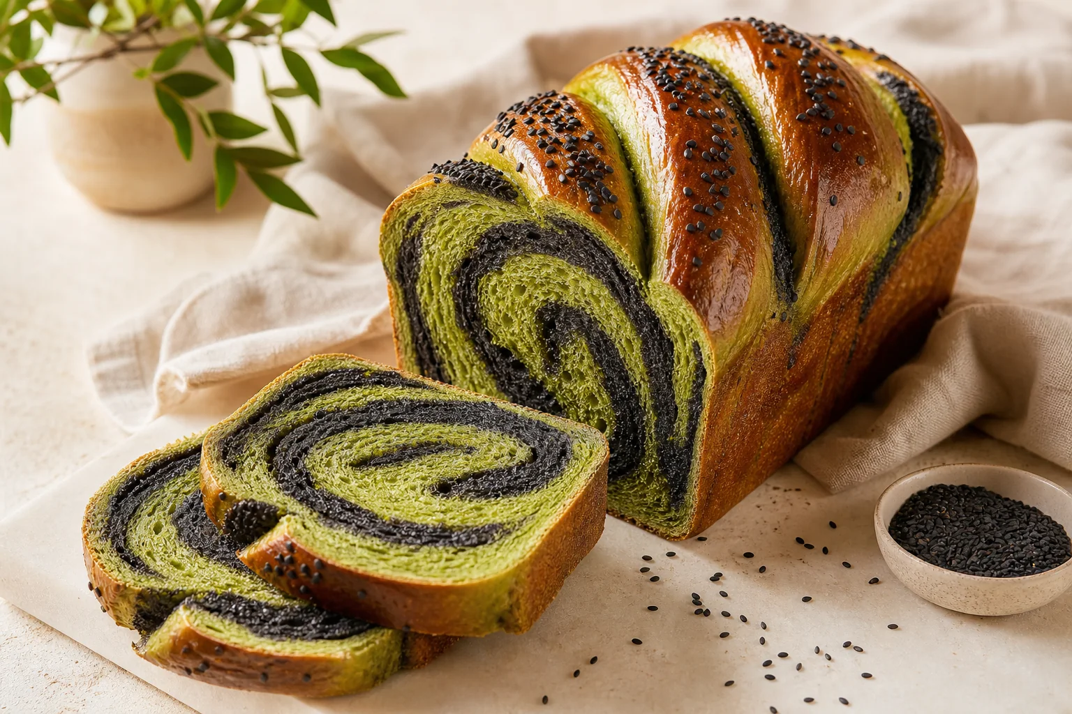 Glossy matcha bread with a dramatic black sesame swirl