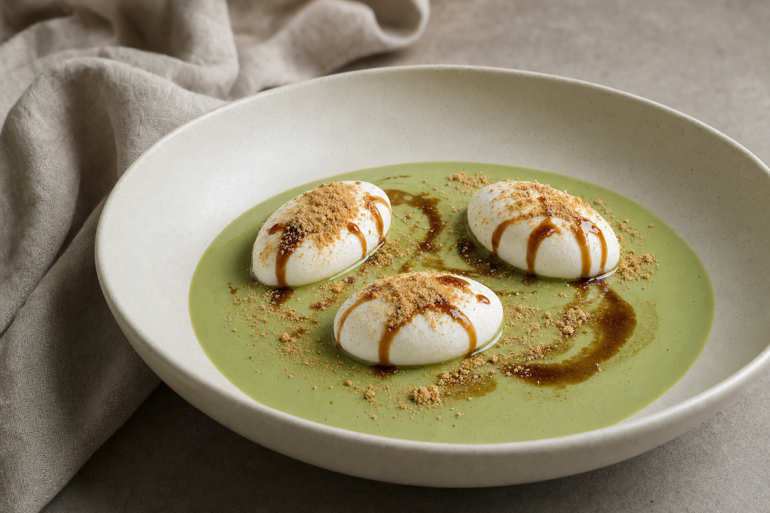 Matcha Floating Island Dessert finished and ready to serve