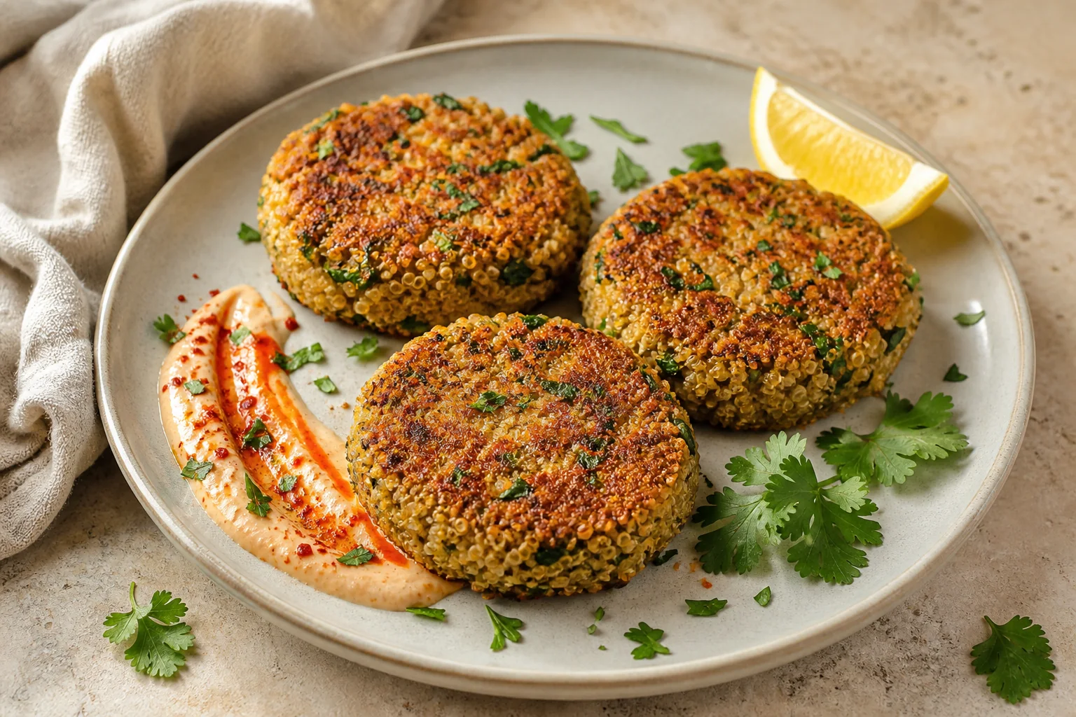 Crisp quinoa cakes with harissa yogurt, lemon, and fresh herbs