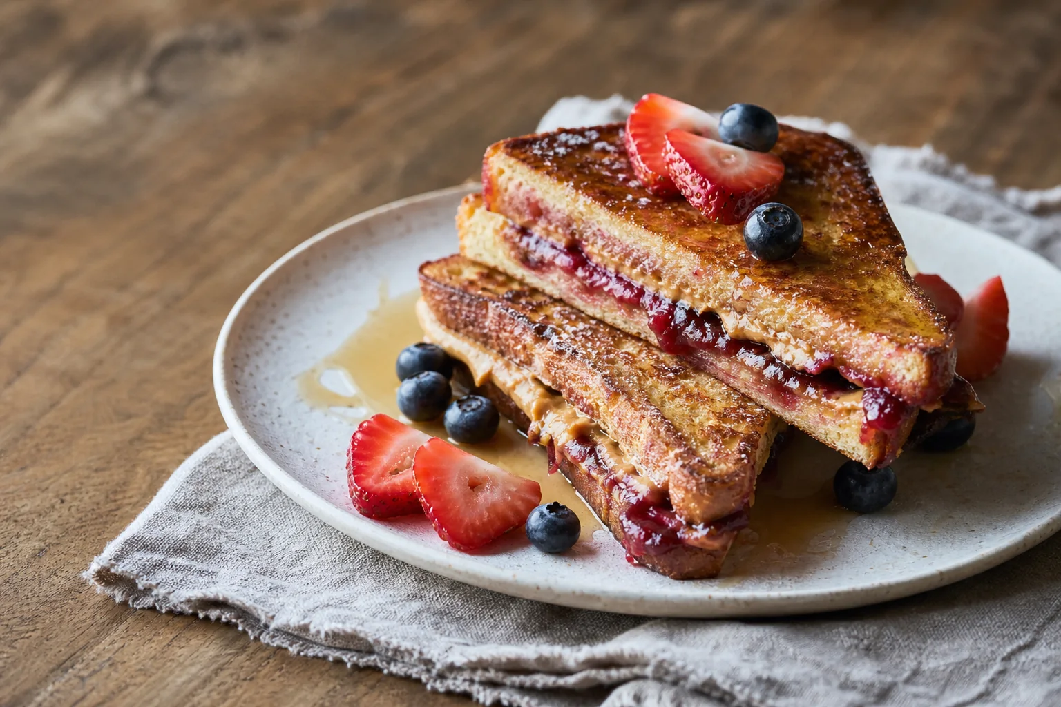 Crisp-edged stuffed French toast filled with peanut butter and berry preserves, finished with fresh fruit and maple syrup.
