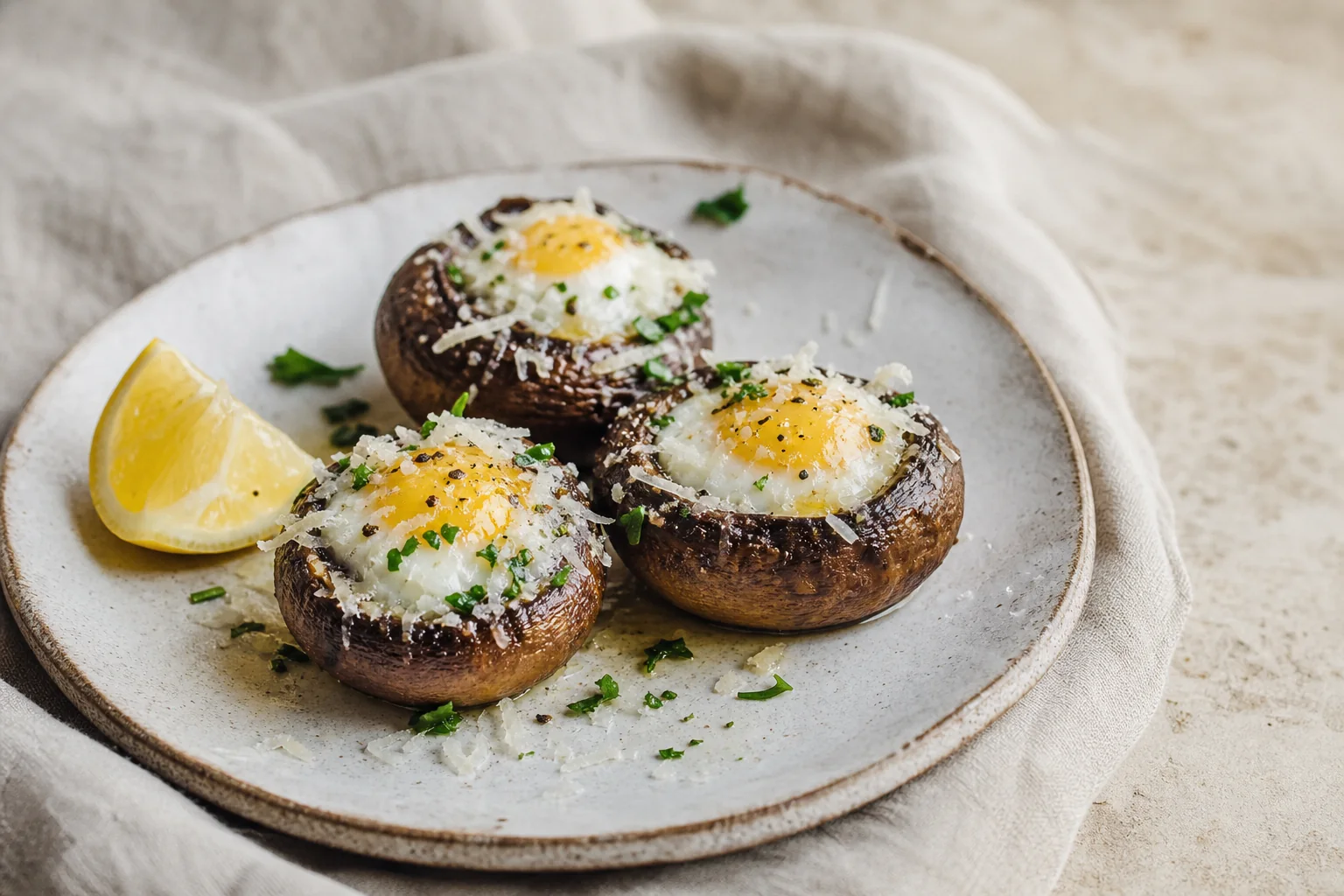 Roasted cremini mushrooms filled with quail eggs, Parmesan, herbs, and lemon for an elegant two-bite appetizer.