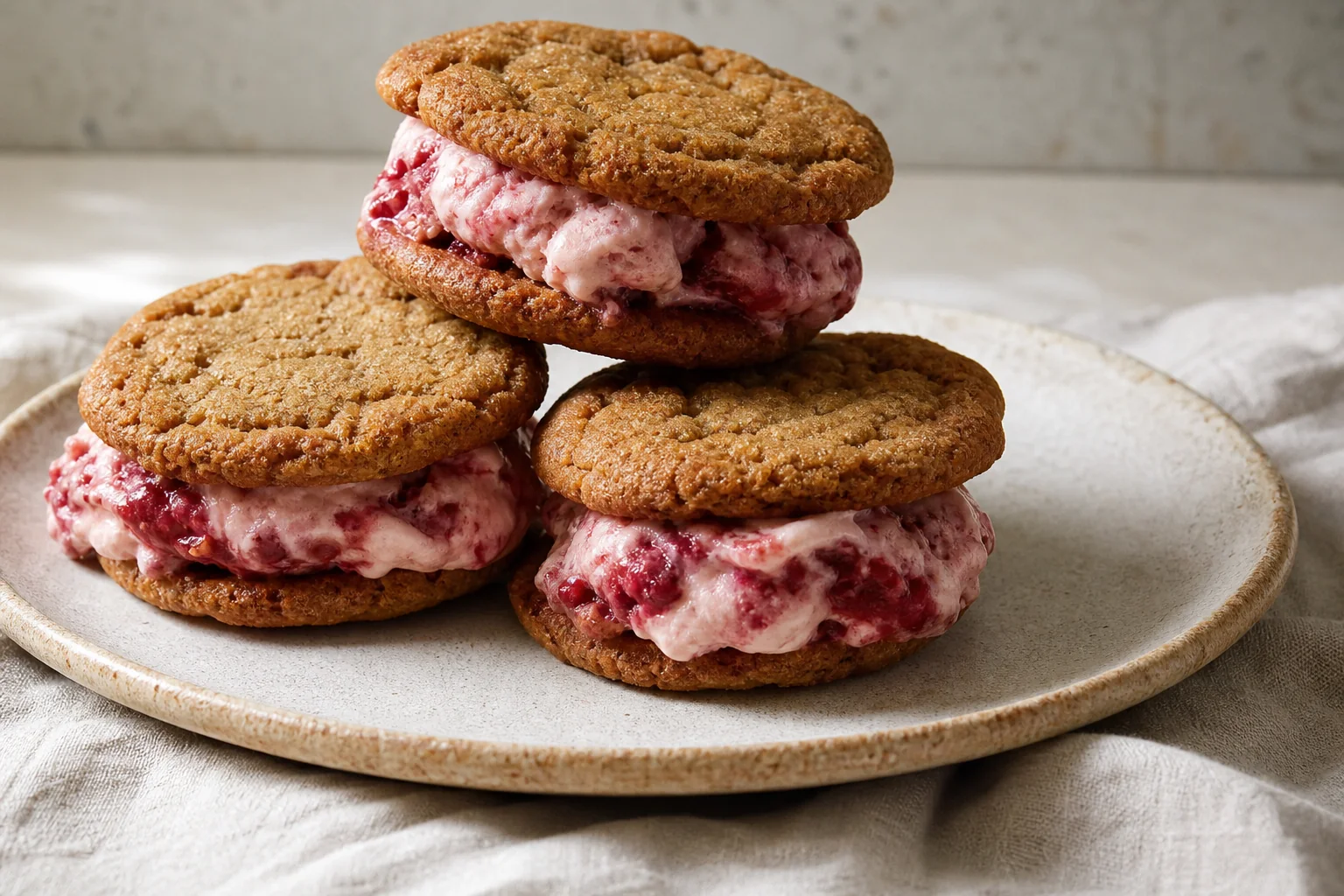 Jammy roasted strawberry ice cream tucked between chewy brown-sugar cookies for a bright make-ahead summer dessert.