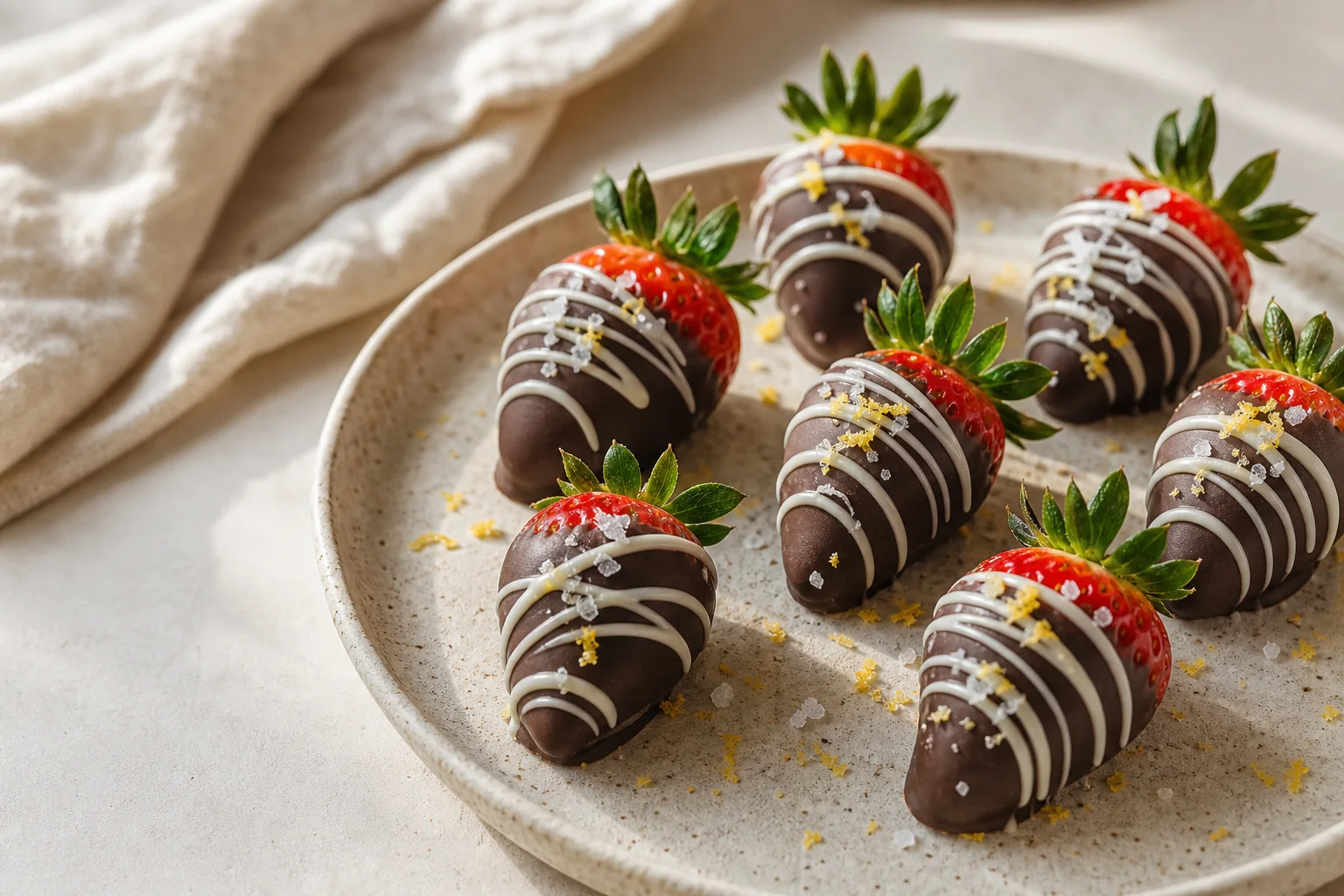 Dark chocolate-dipped strawberries finished with flaky salt, fresh lemon zest, and a thin white-chocolate drizzle.