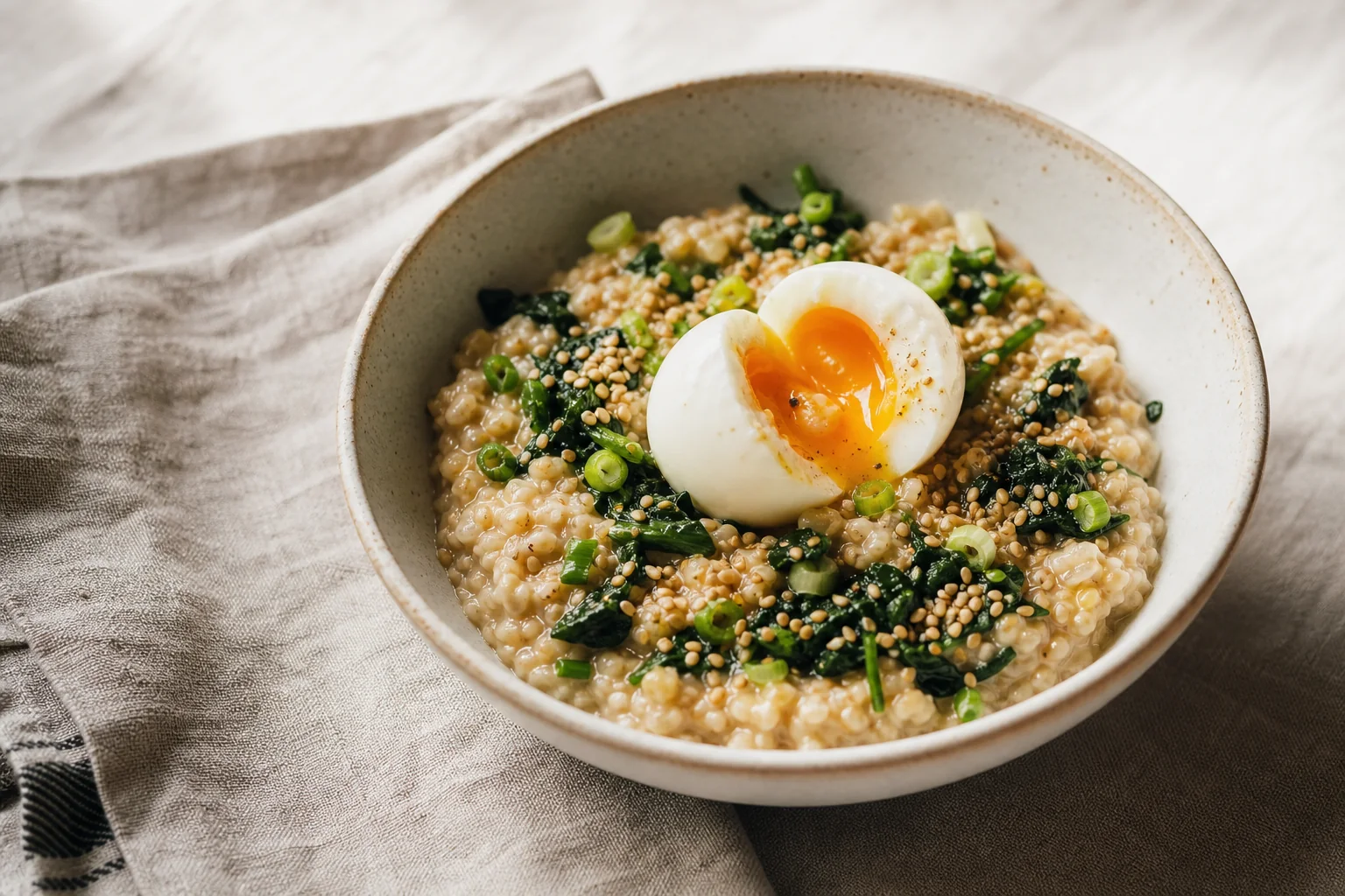 Creamy savory oats with toasted sesame, ginger, scallions, greens, and a jammy soft-cooked egg.