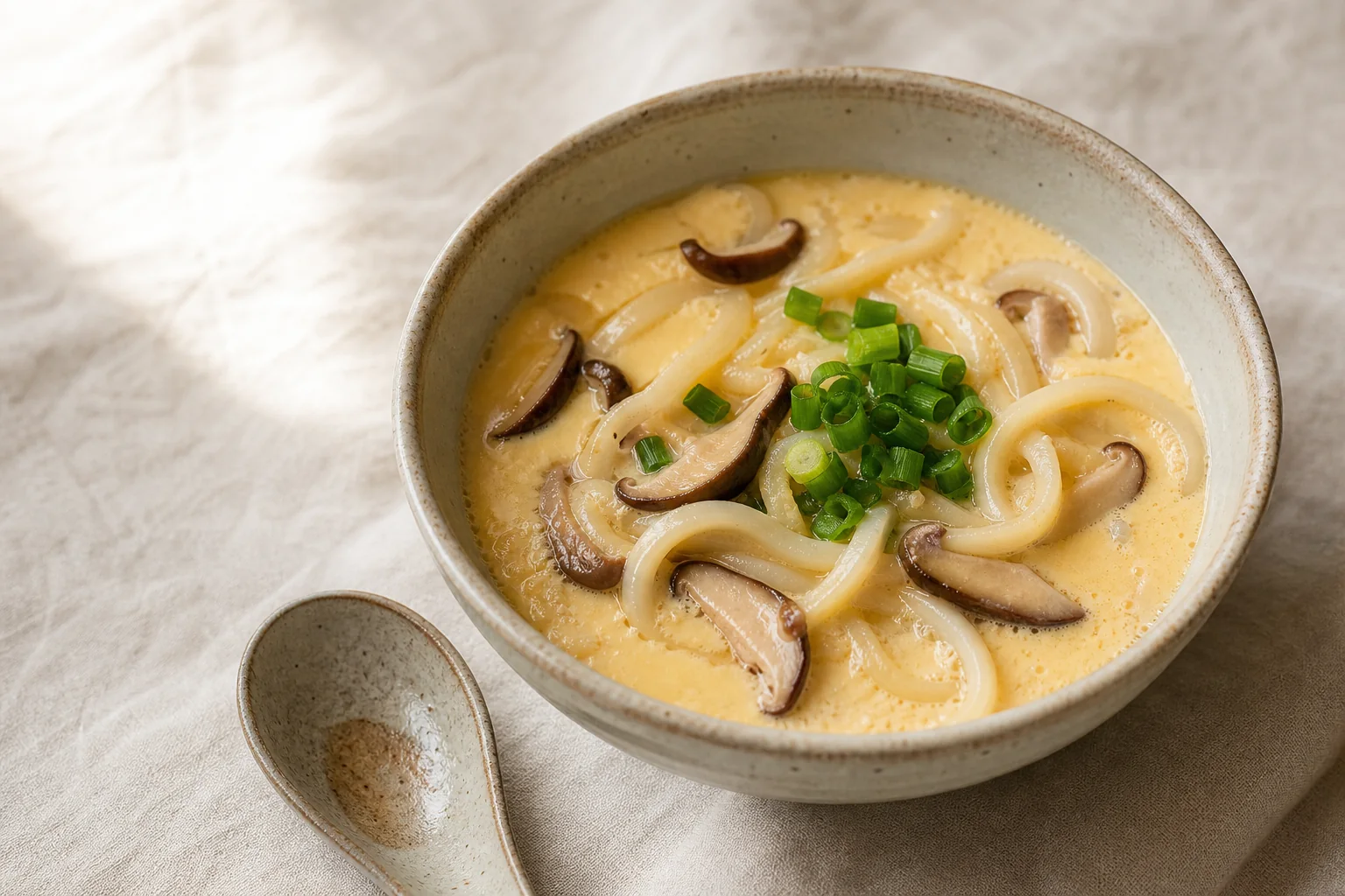 A gentle steamed egg custard with udon noodles, shiitake, scallions, and dashi-inspired broth.