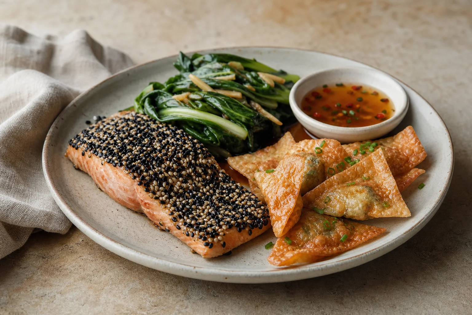 Sesame-crusted salmon with crisp chive wontons, ginger-soy greens, and a bright rice-vinegar dipping sauce.