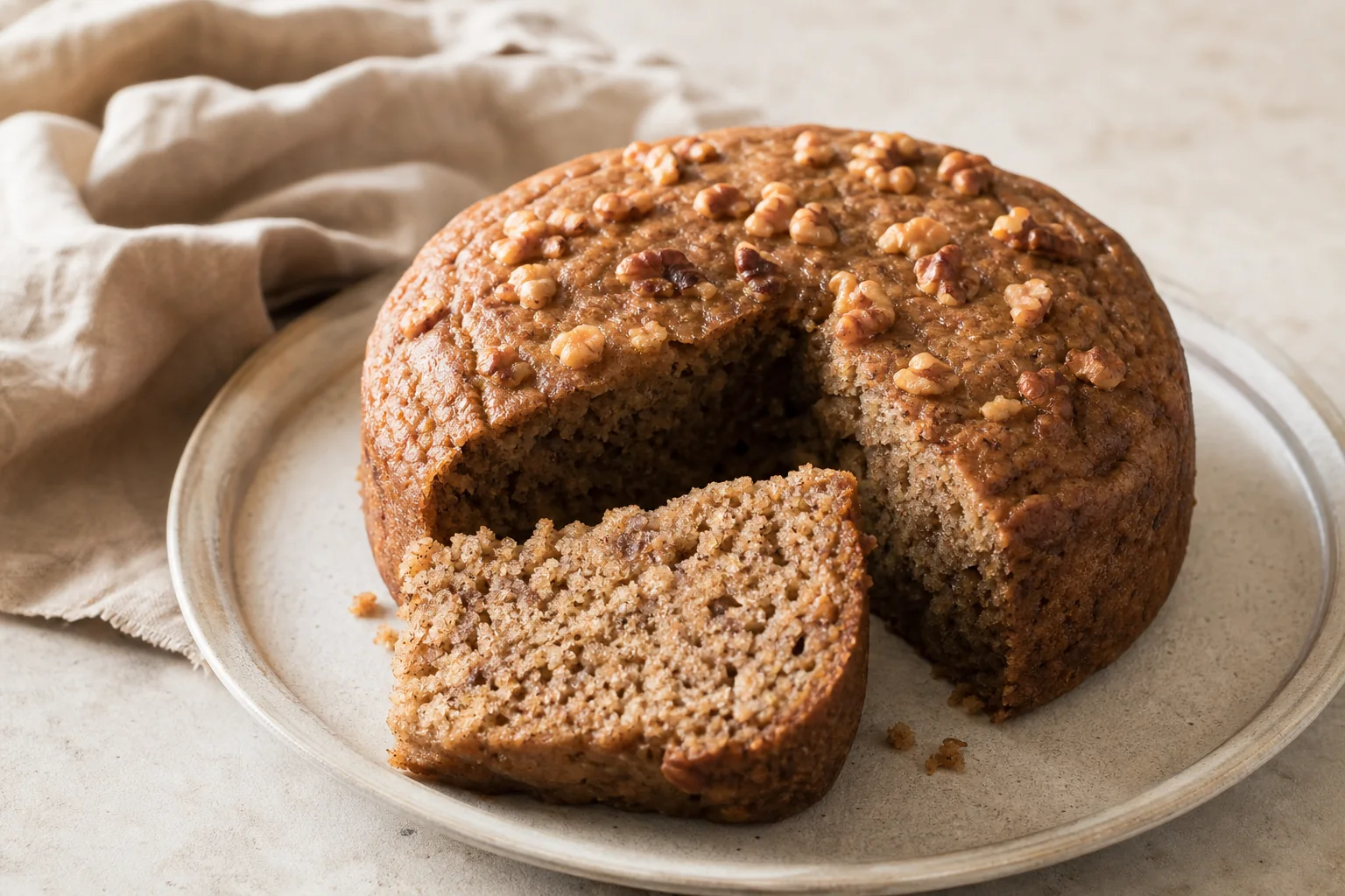 Soft, moist banana bread steamed on the stovetop with brown sugar, warm spice, and toasted walnuts.