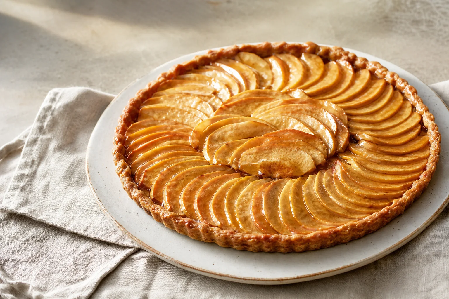 A crisp vegan apple tart with a tender olive-oil crust, thin cinnamon apples, and an apricot glaze.