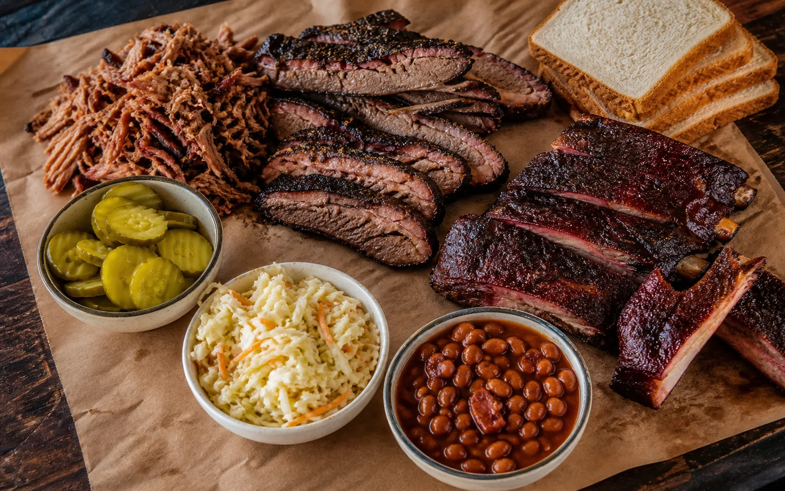 Barbecue brisket, pulled pork, ribs, and sides