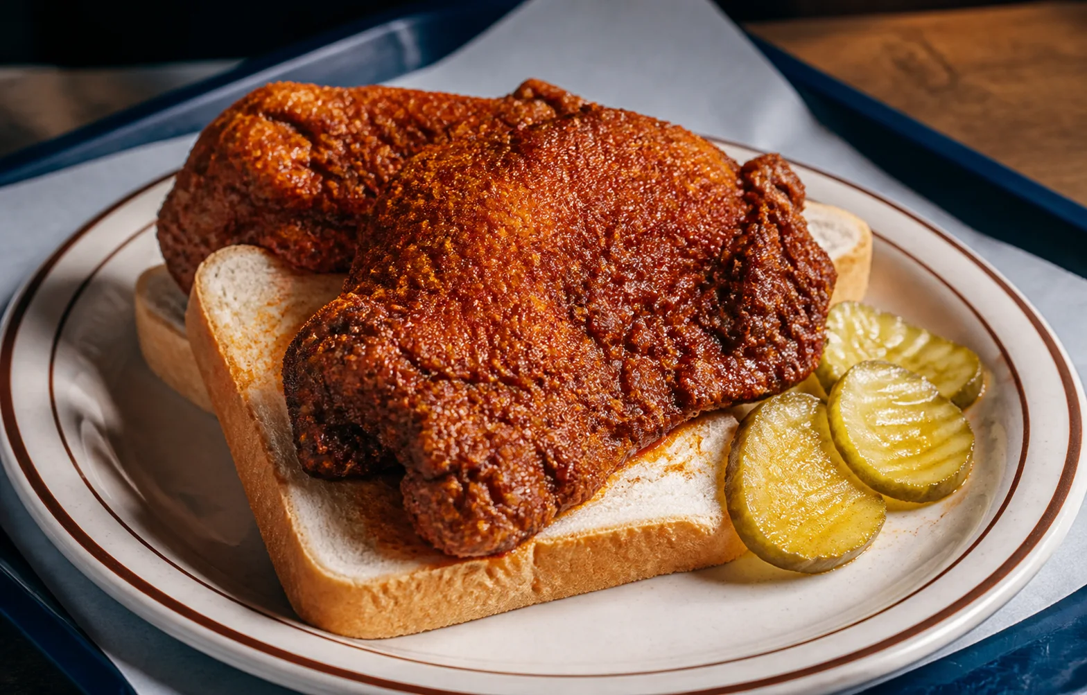 Nashville-style hot chicken with pickles and white bread