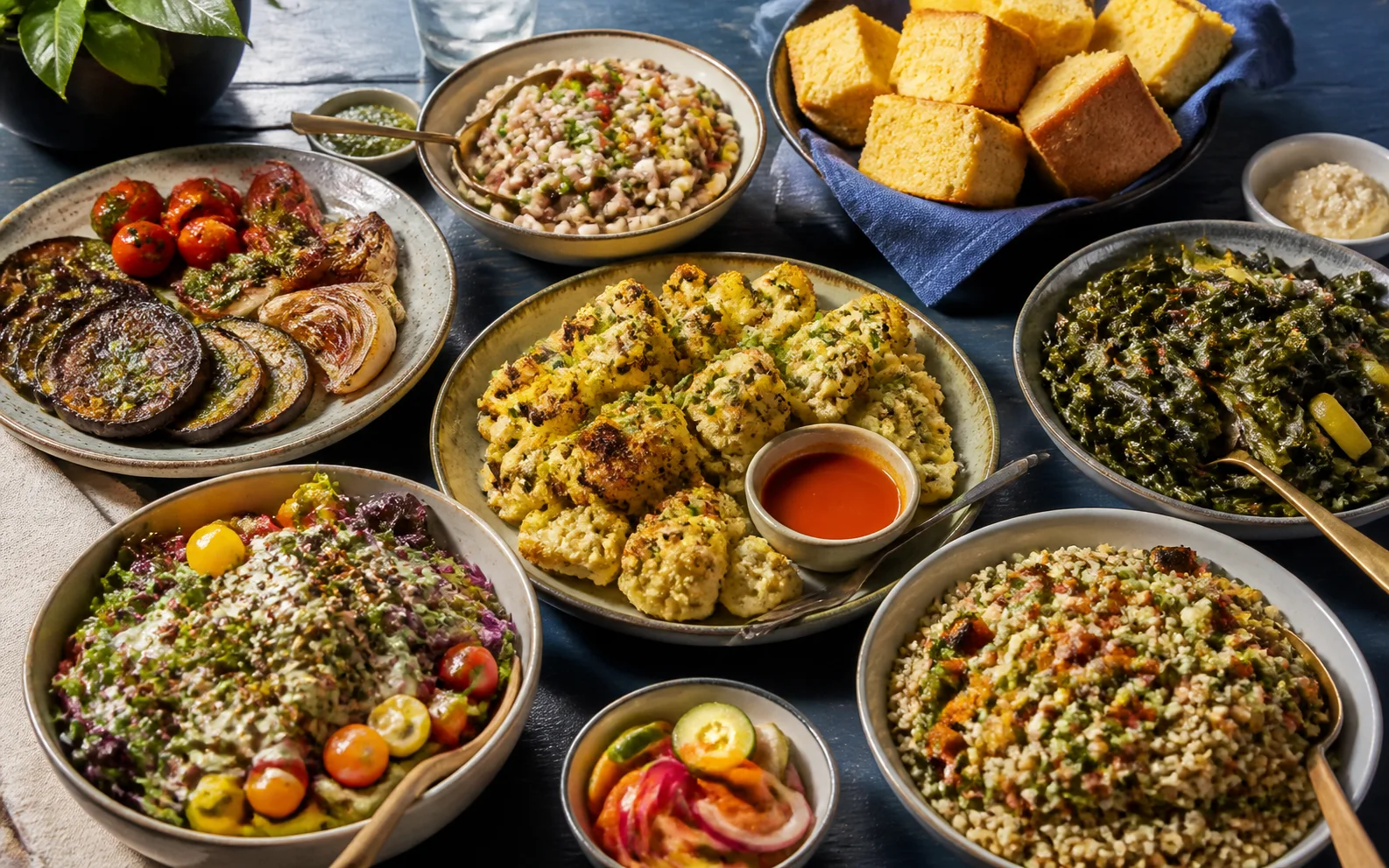 A colorful table of plant-forward Southern dishes