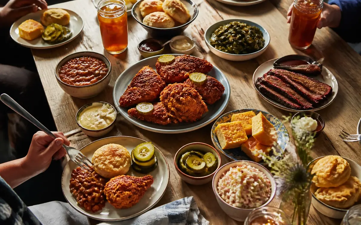 A shared table with Nashville hot chicken, barbecue, biscuits, greens, beans, and iced tea