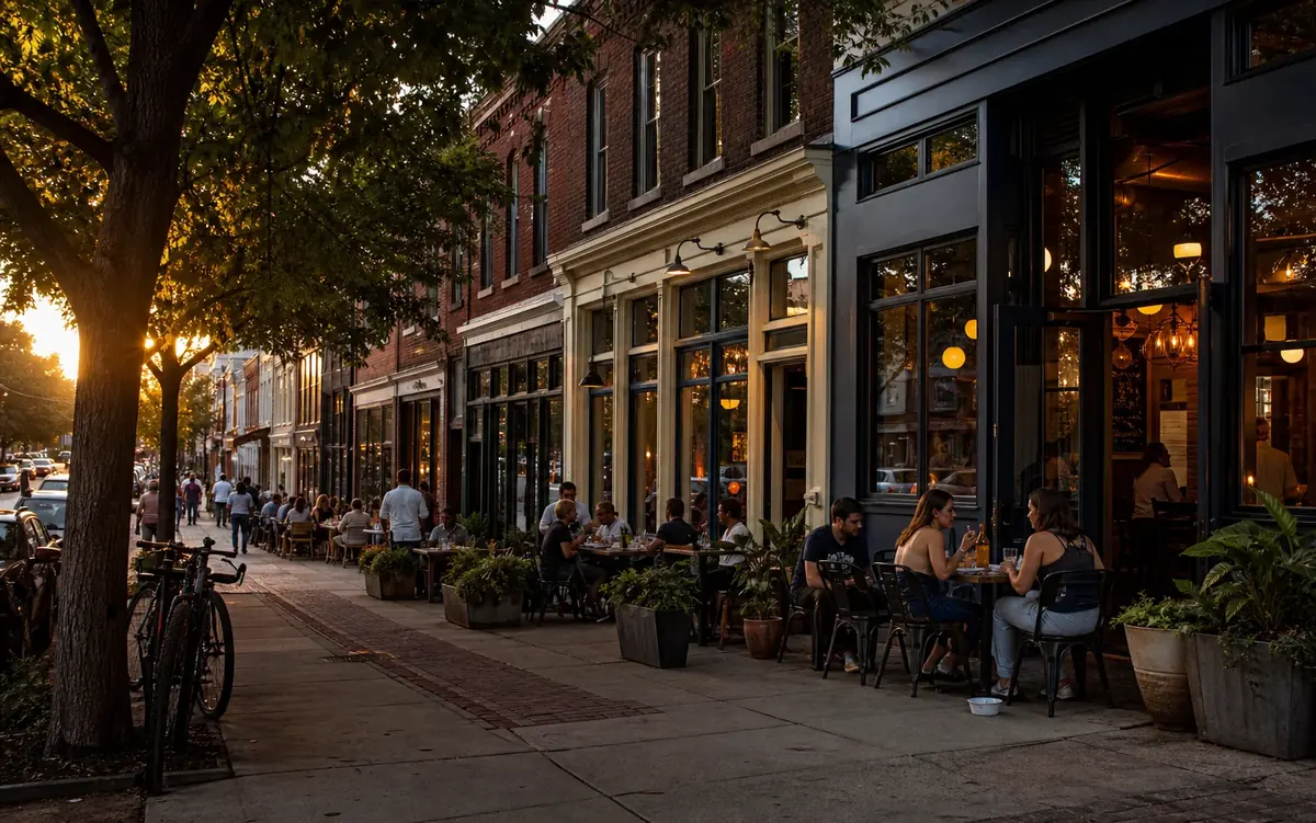A lively neighborhood dining street at golden hour.