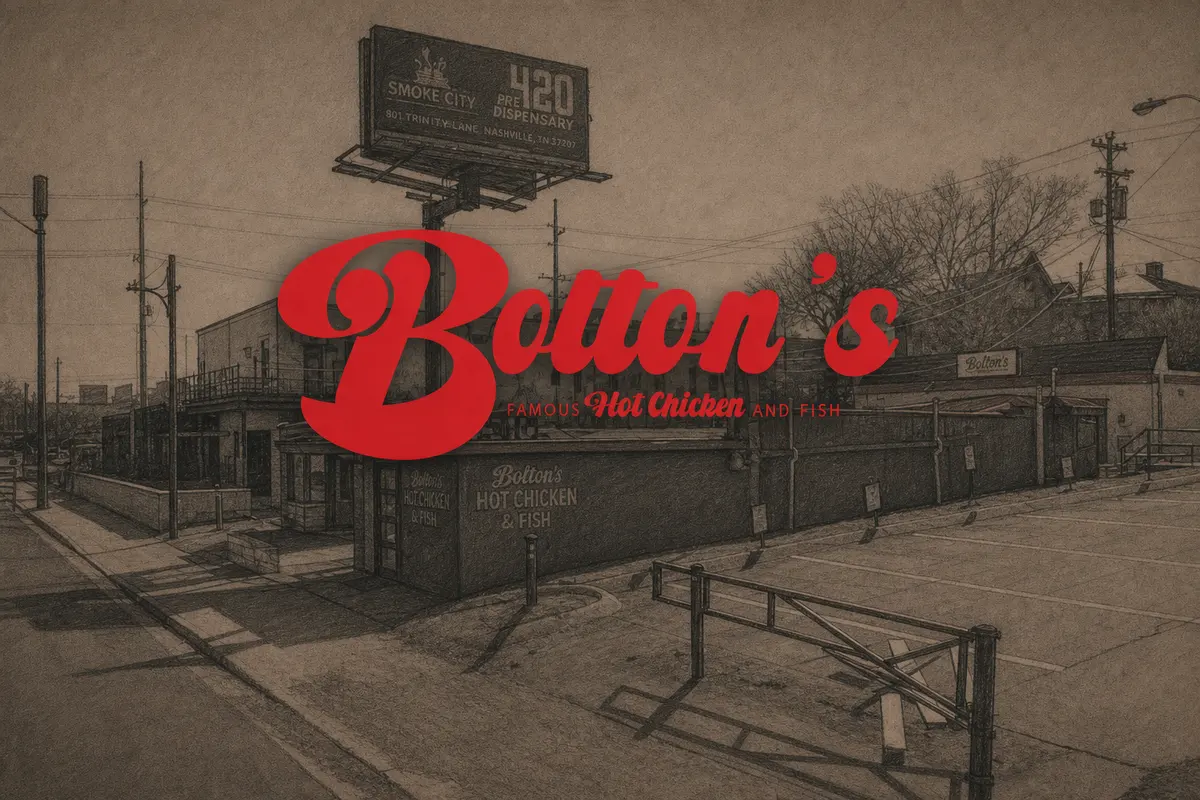 Illustrated exterior of Bolton’s Famous Hot Chicken & Fish in Nashville