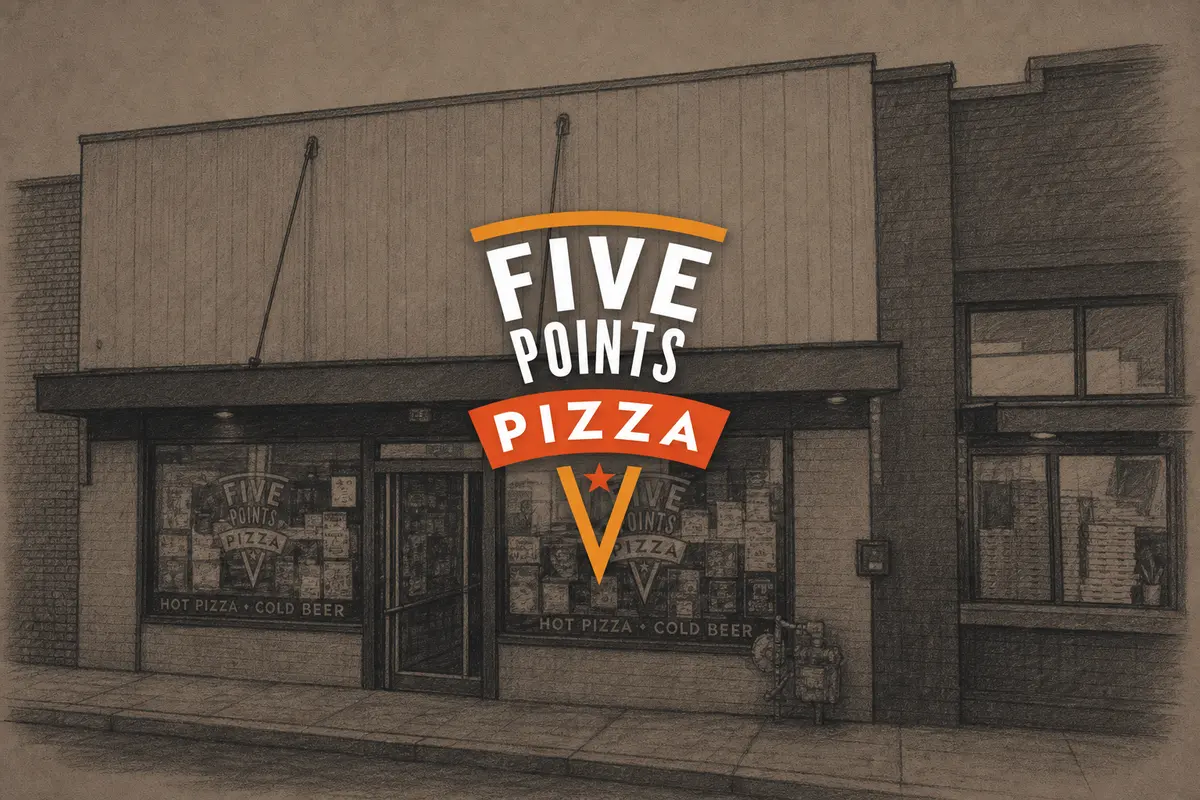 Illustrated exterior of Five Points Pizza — East in Nashville