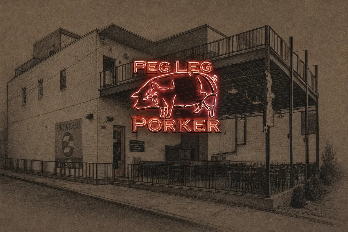 Illustrated exterior of Peg Leg Porker in Nashville