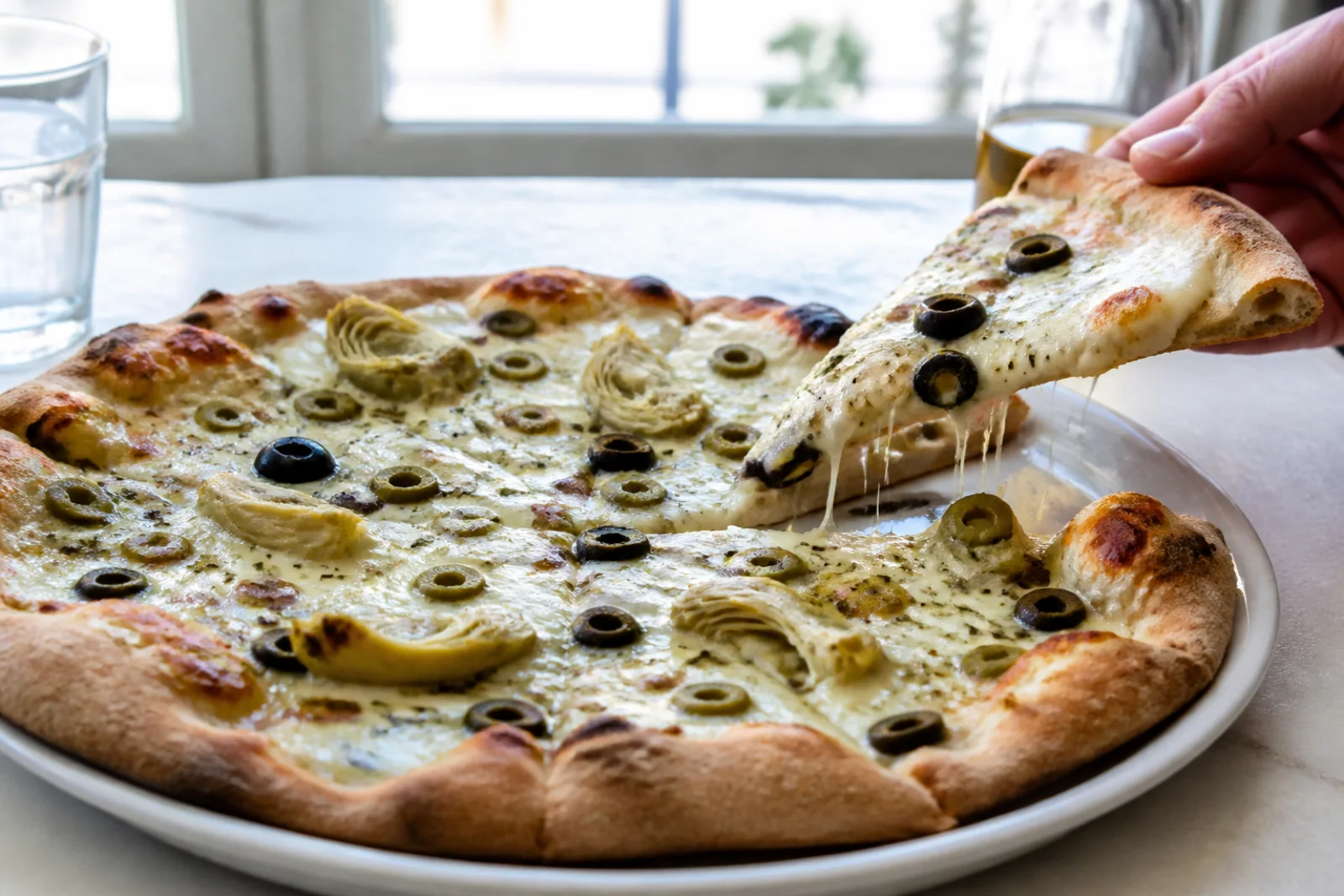 A sliced artichoke and olive pizza with browned crust, melted mozzarella, tomato sauce, parsley, and fine lemon zest