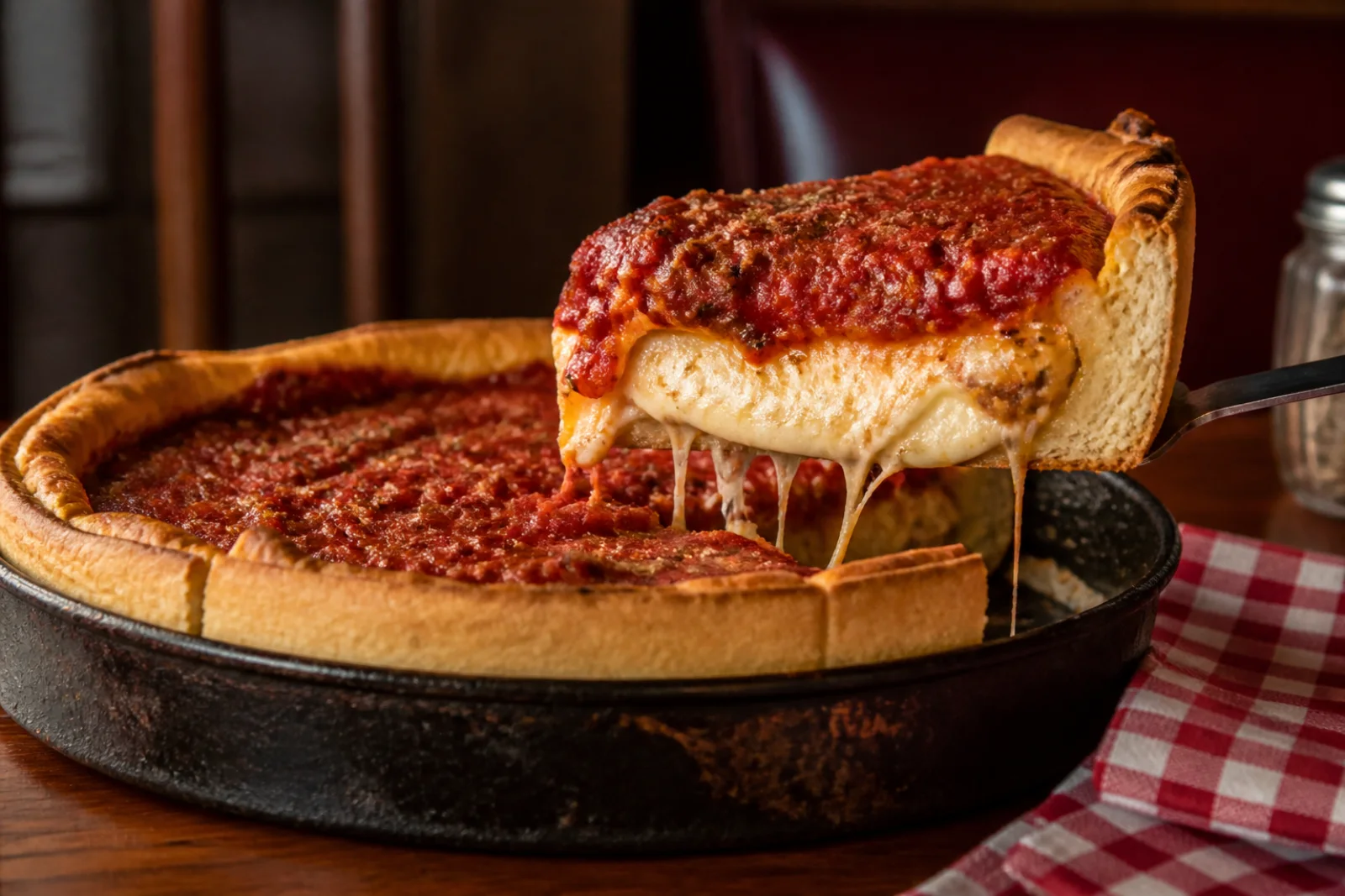 A baked 10-inch deep-dish pizza with thick tomato sauce, Parmesan, and a tall golden crust in a cast-iron skillet