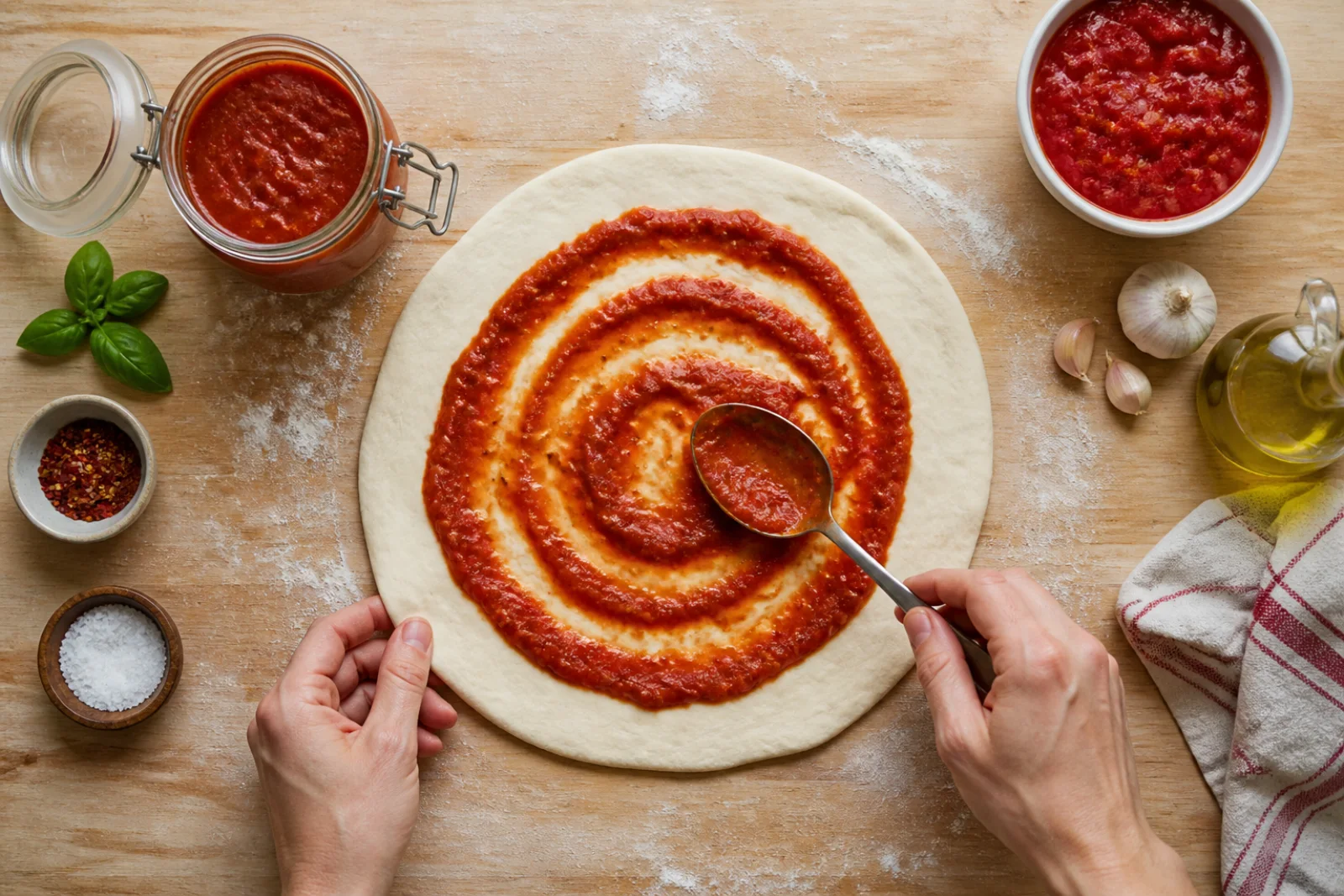 A bowl of red homemade pizza sauce with a spoon, whole peeled tomatoes, garlic, oregano, basil, and olive oil arranged nearby