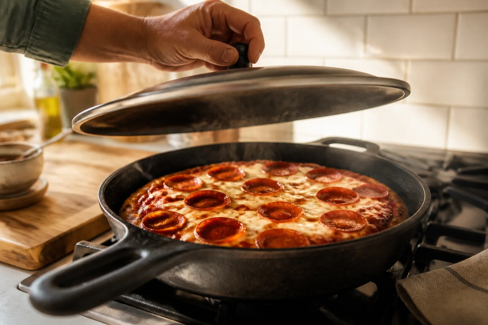 Two small stovetop pizzas with browned crusts, melted mozzarella, tomato sauce, and basil beside a covered cast-iron skillet